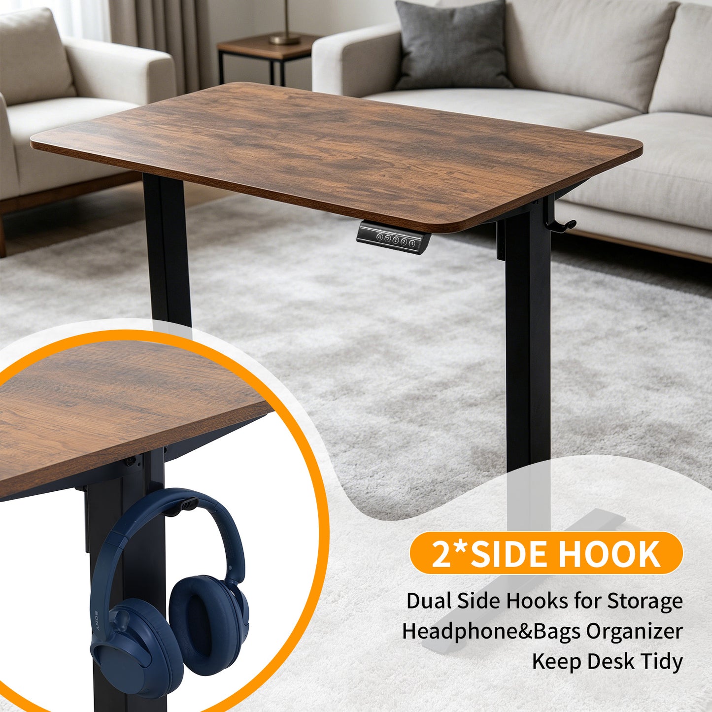 100CM Electric Standing Desk – Rustic Brown Height Adjustable Sit Stand Desk with Hooks, Digital Control Panel & Sturdy Metal Frame for Home Office or Study
