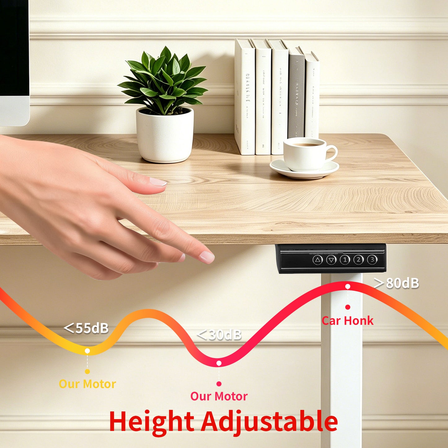 120 × 60 cm Electric Height Adjustable Standing Desk – Sit Stand Computer Table with Digital Control, Hooks & Large Worktop for Home Office, Basswood Oak Grain