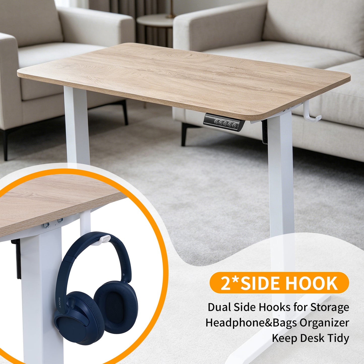 100CM Electric Standing Desk – Basswood Oak Grain Height Adjustable Sit Stand Desk with Hooks, Digital Control Panel & Sturdy Metal Frame for Home Office or Study