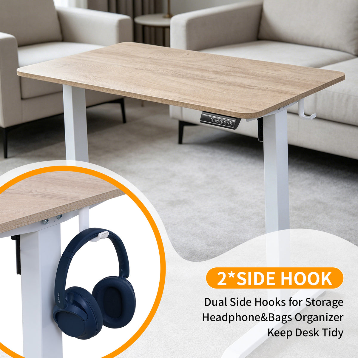 100CM Electric Standing Desk – Basswood Oak Grain Height Adjustable Sit Stand Desk with Hooks, Digital Control Panel & Sturdy Metal Frame for Home Office or Study