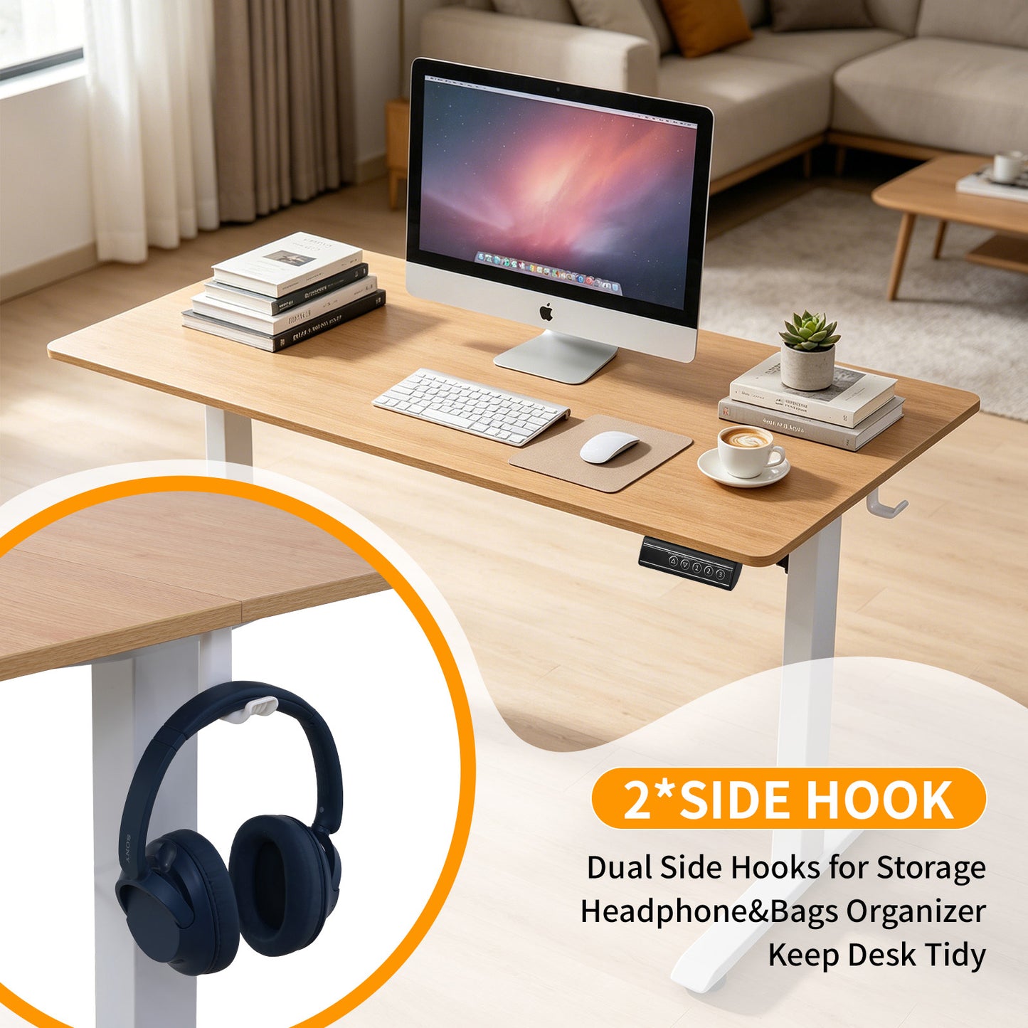 140 × 60 cm Electric Height Adjustable Standing Desk – Sit Stand Computer Table with Digital Control, Hooks & Large Worktop for Home Office, Light Wood