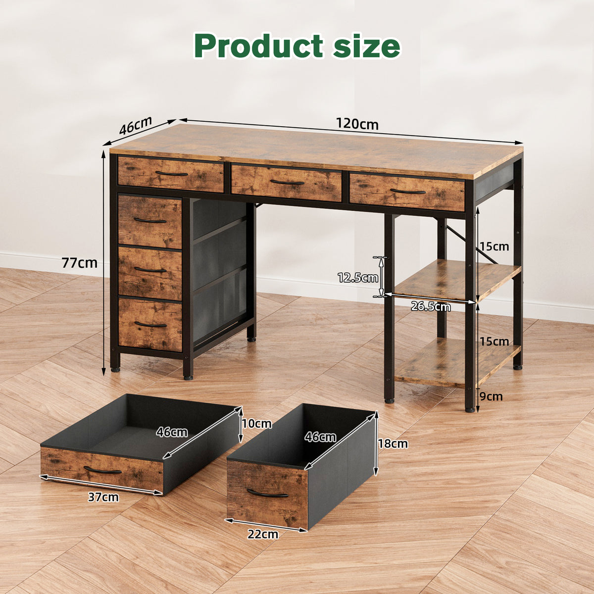 Avoltrix Computer Desk with Drawers and Shelves – Reversible Storage Table for Home Office, Study or Gaming, Rustic Brown