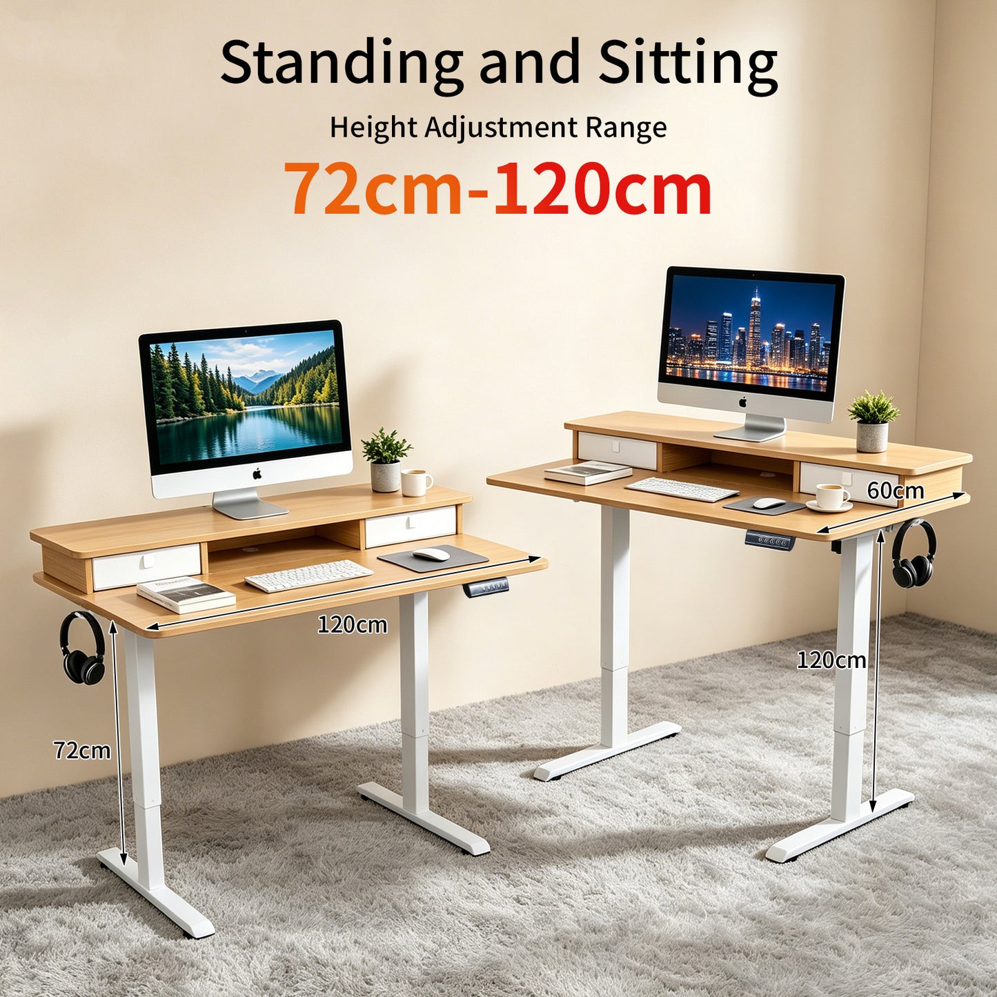 Avoltrix Electric Height Adjustable Desk 120×60cm Split Board, Ergonomic Sit Stand Workstation with Built-in Drawer & Side Hooks, 72-120cm Lifting Range, 3 Memory Settings,Cold Rolled Steel Frame, 60KG Max Load for Home Office Study