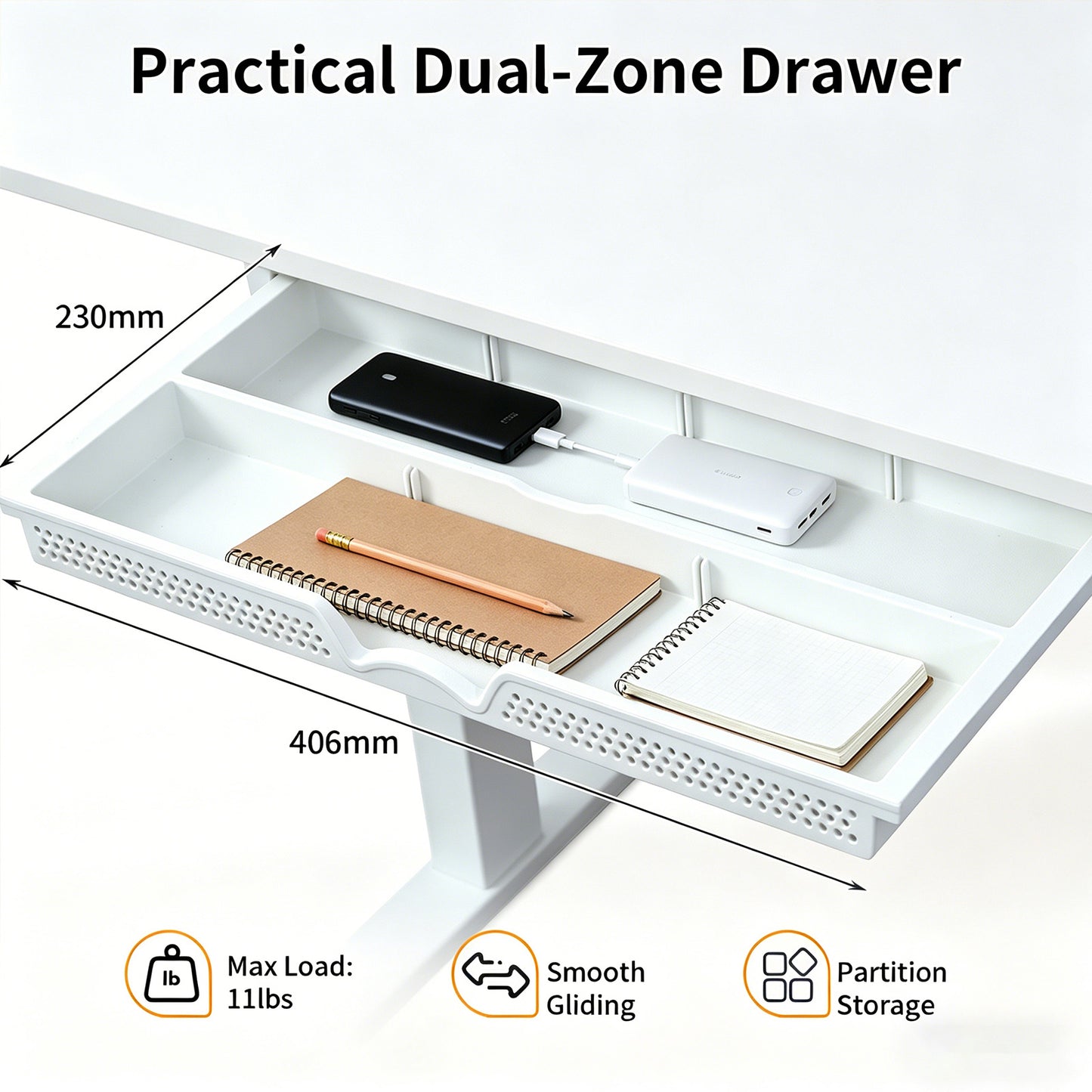 Electric Standing Desk 100x60cm with Drawer, Height Adjustable Sit Stand Desk with Memory Preset, Home Office Computer Desk, White