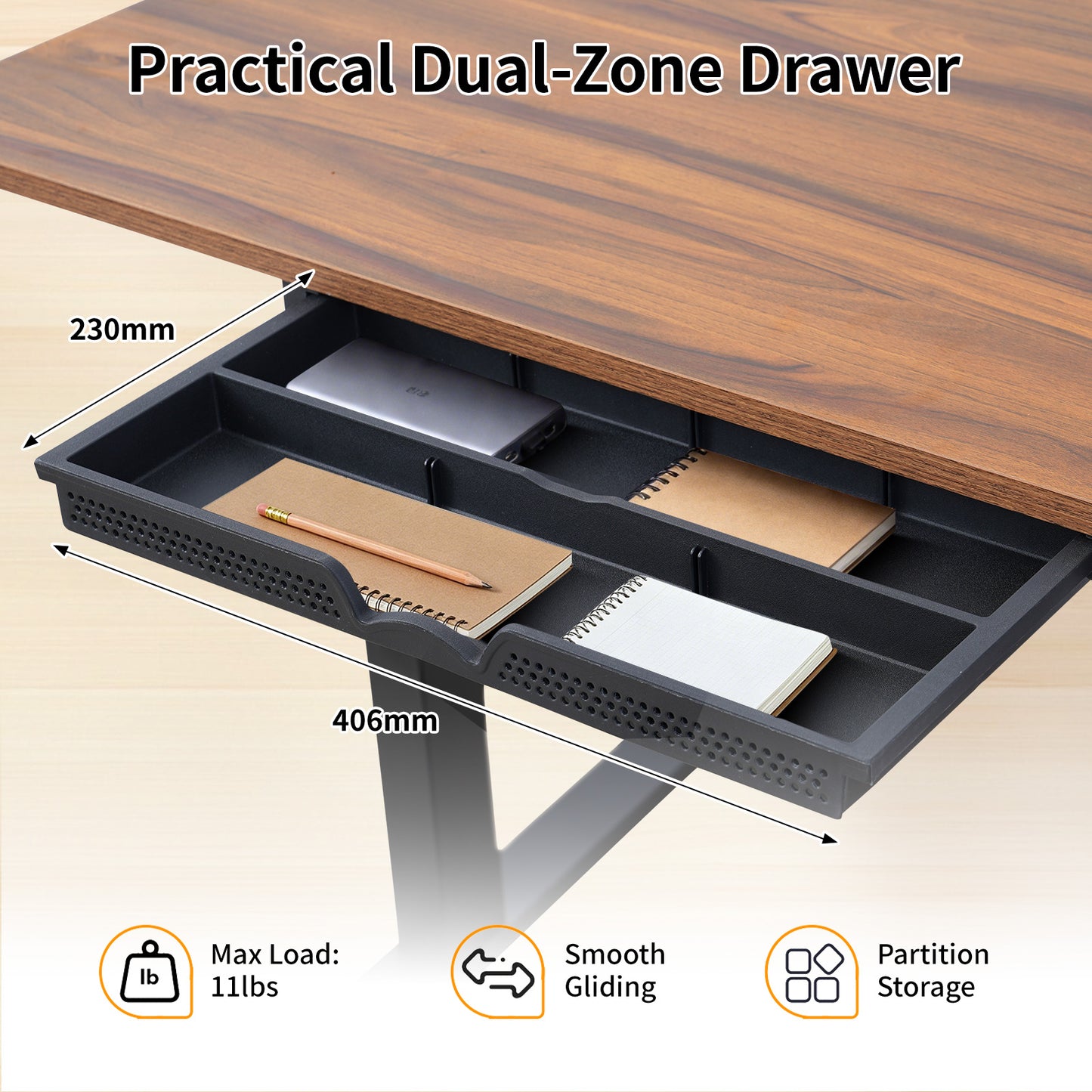 Electric Standing Desk 100x60cm with Drawer, Height Adjustable Sit Stand Desk with Memory Preset, Home Office Computer Desk, Black + Walnut