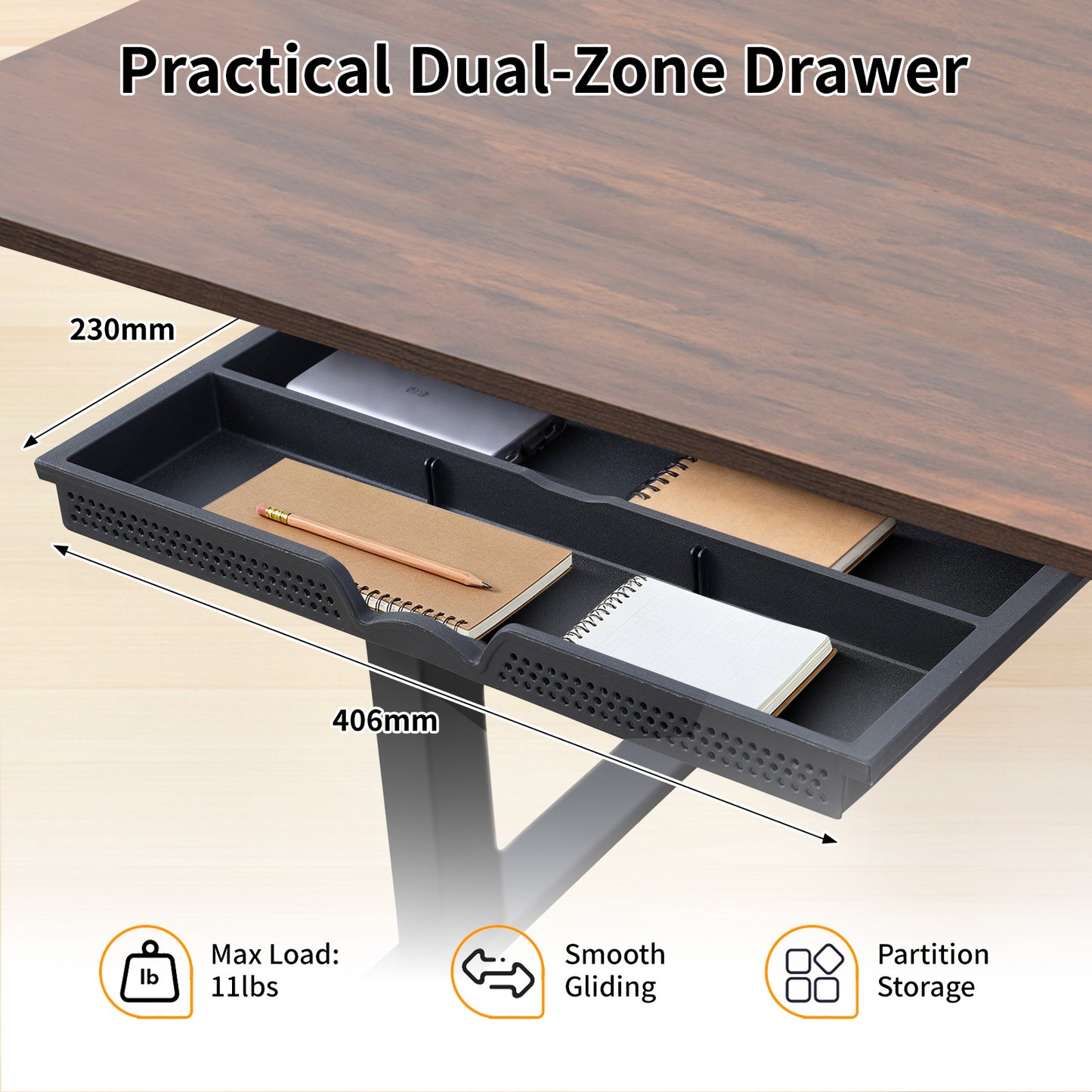 Electric Standing Desk 100x60cm with Drawer, Height Adjustable Sit Stand Desk with Memory Preset, Home Office Computer Desk, Black +Tiger stripe