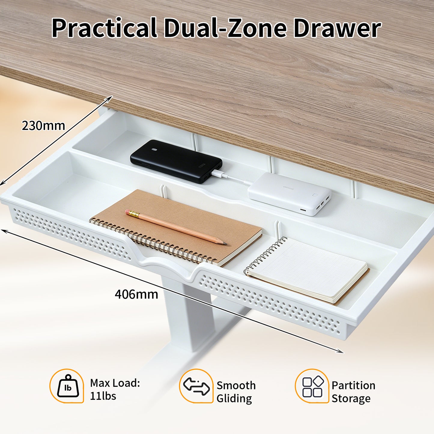 Electric Standing Desk 100x60cm with Drawer, Height Adjustable Sit Stand Desk with Memory Preset, Home Office Computer Desk, White + Maple