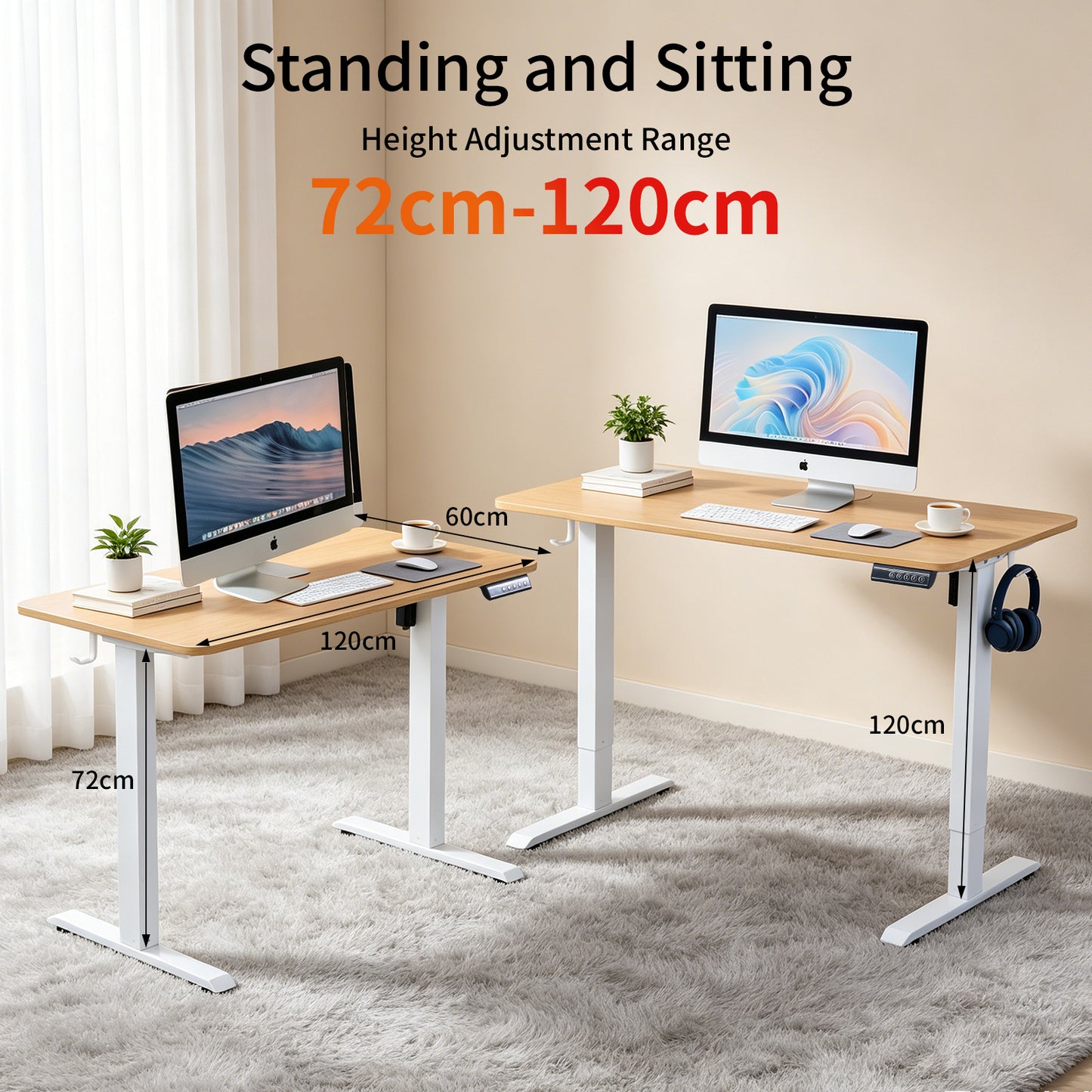 120 × 60 cm Electric Height Adjustable Standing Desk – Sit Stand Computer Table with Digital Control, Hooks & Large Worktop for Home Office, Natural Oak