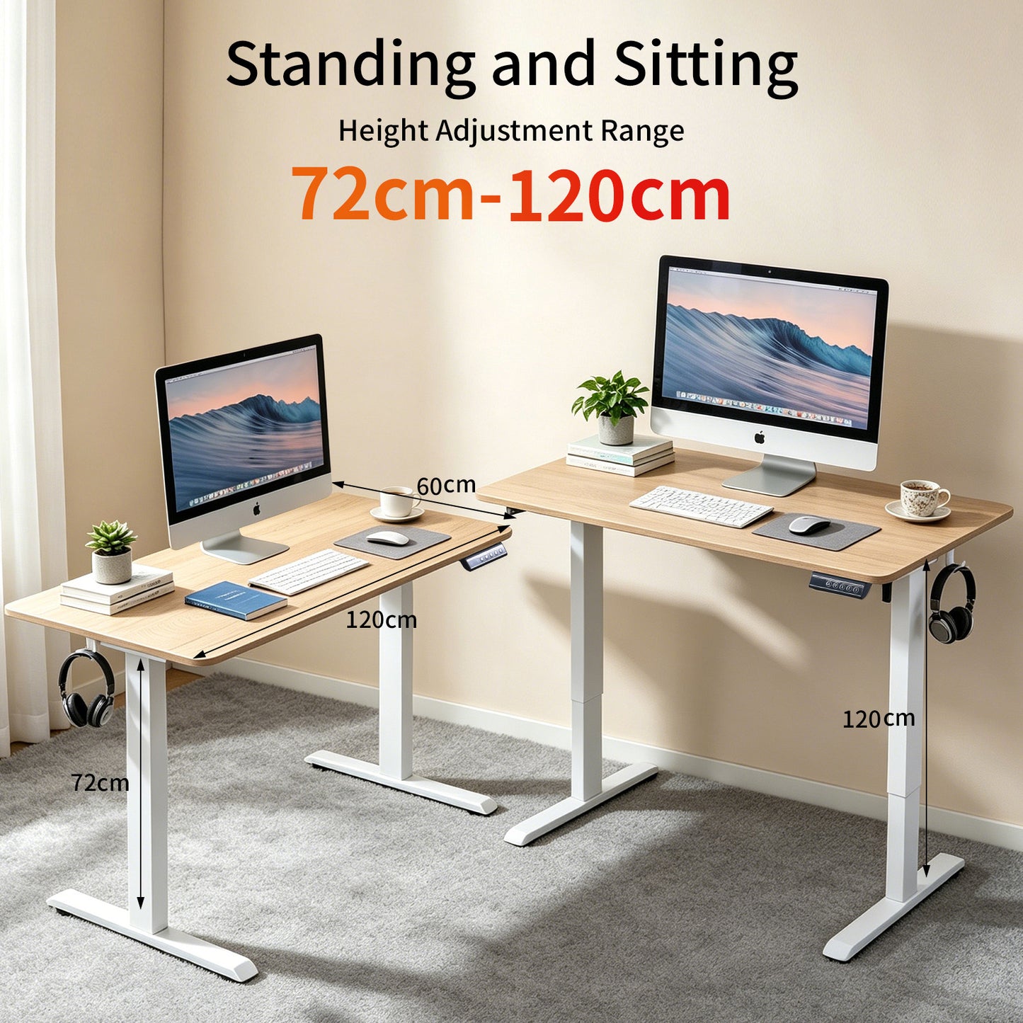 120 × 60 cm Electric Height Adjustable Standing Desk – Sit Stand Computer Table with Digital Control, Hooks & Large Worktop for Home Office, Basswood Oak Grain
