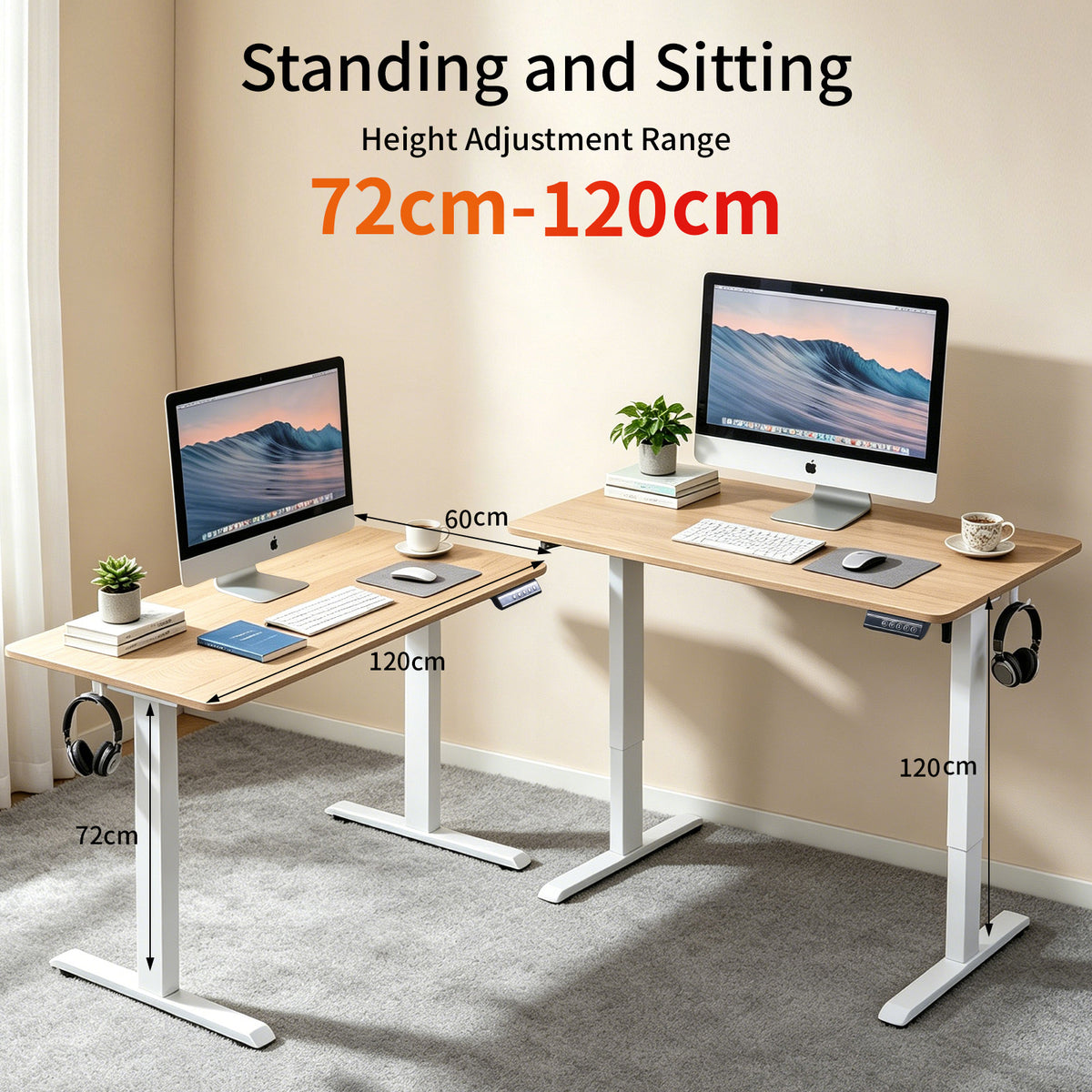 120 × 60 cm Electric Height Adjustable Standing Desk – Sit Stand Computer Table with Digital Control, Hooks & Large Worktop for Home Office, Basswood Oak Grain