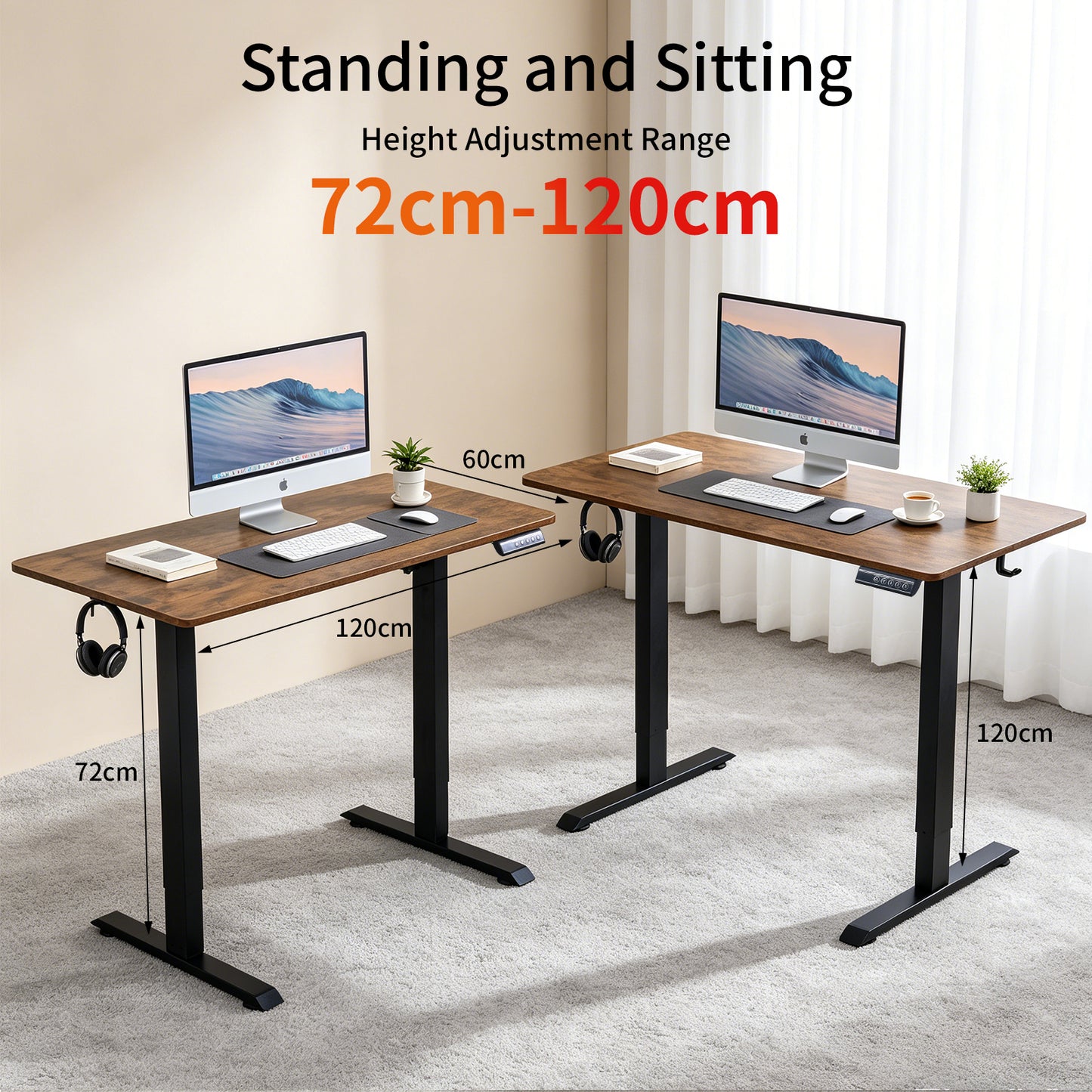 120 × 60 cm Electric Height Adjustable Standing Desk – Sit Stand Computer Table with Digital Control, Hooks & Large Worktop for Home Office, Antique Brown