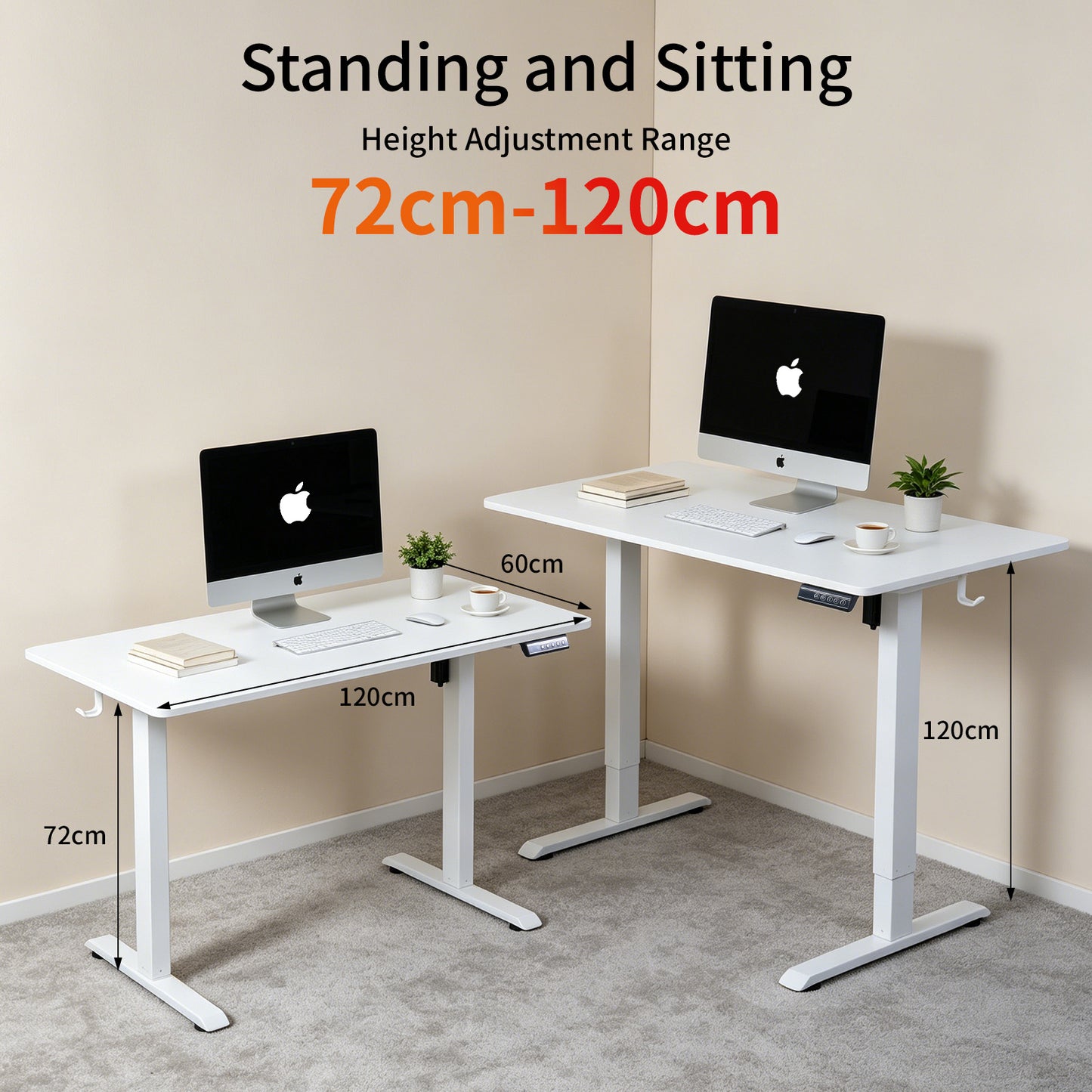 120 × 60 cm Electric Height Adjustable Standing Desk – Sit Stand Computer Table with Digital Control, Hooks & Large Worktop for Home Office, White