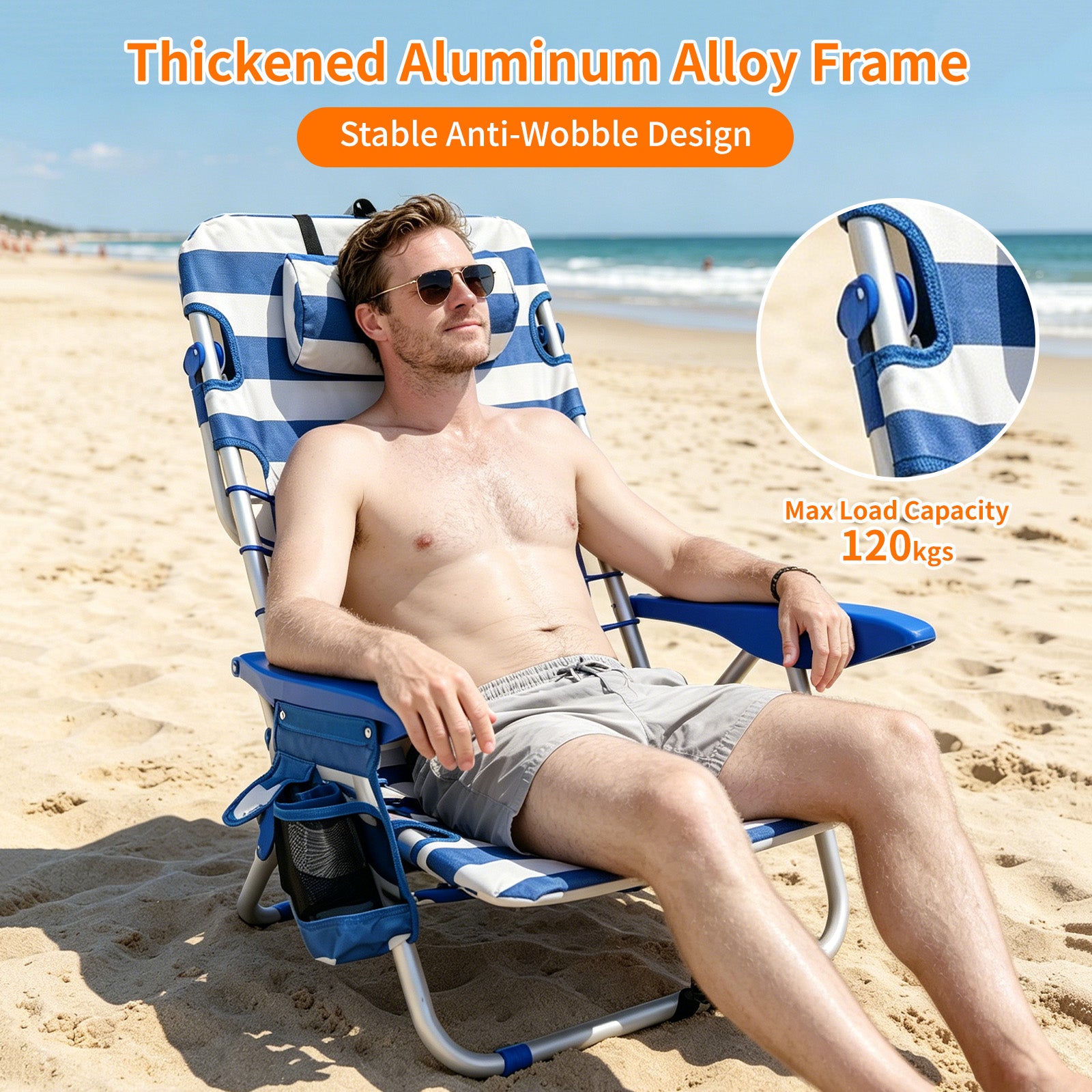 Avoltrix 4-Position Adjustable Folding Beach Chair with Cooler Bag & Shoulder Straps – Lightweight Portable Outdoor Recliner