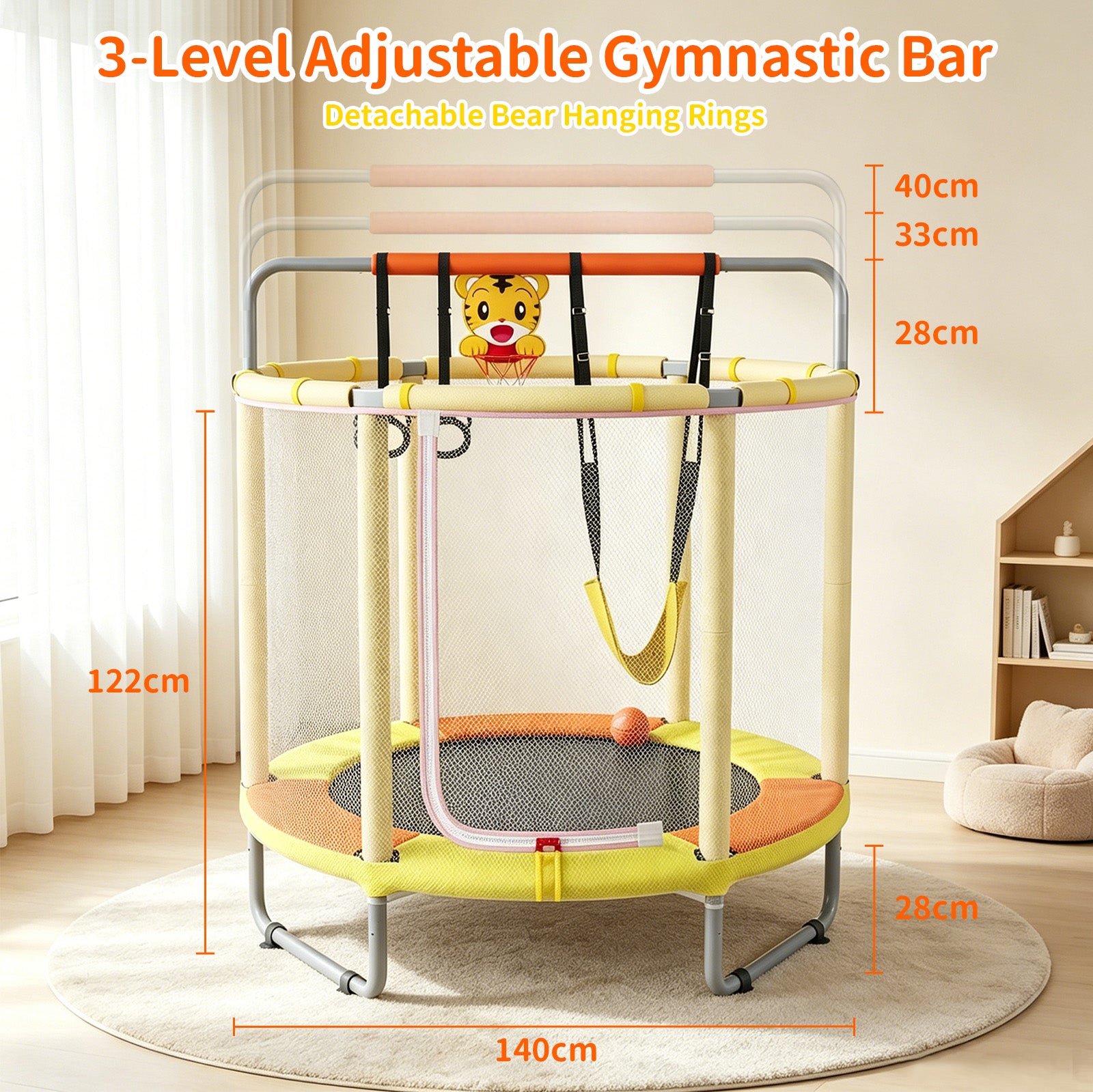 Avoltrix 55 Inch Kids Trampoline with Safety Net, Adjustable Gymnastics Horizontal Bar, 140cm Indoor Outdoor Mini Trampoline for Toddlers & Children, Max Capacity 100kg