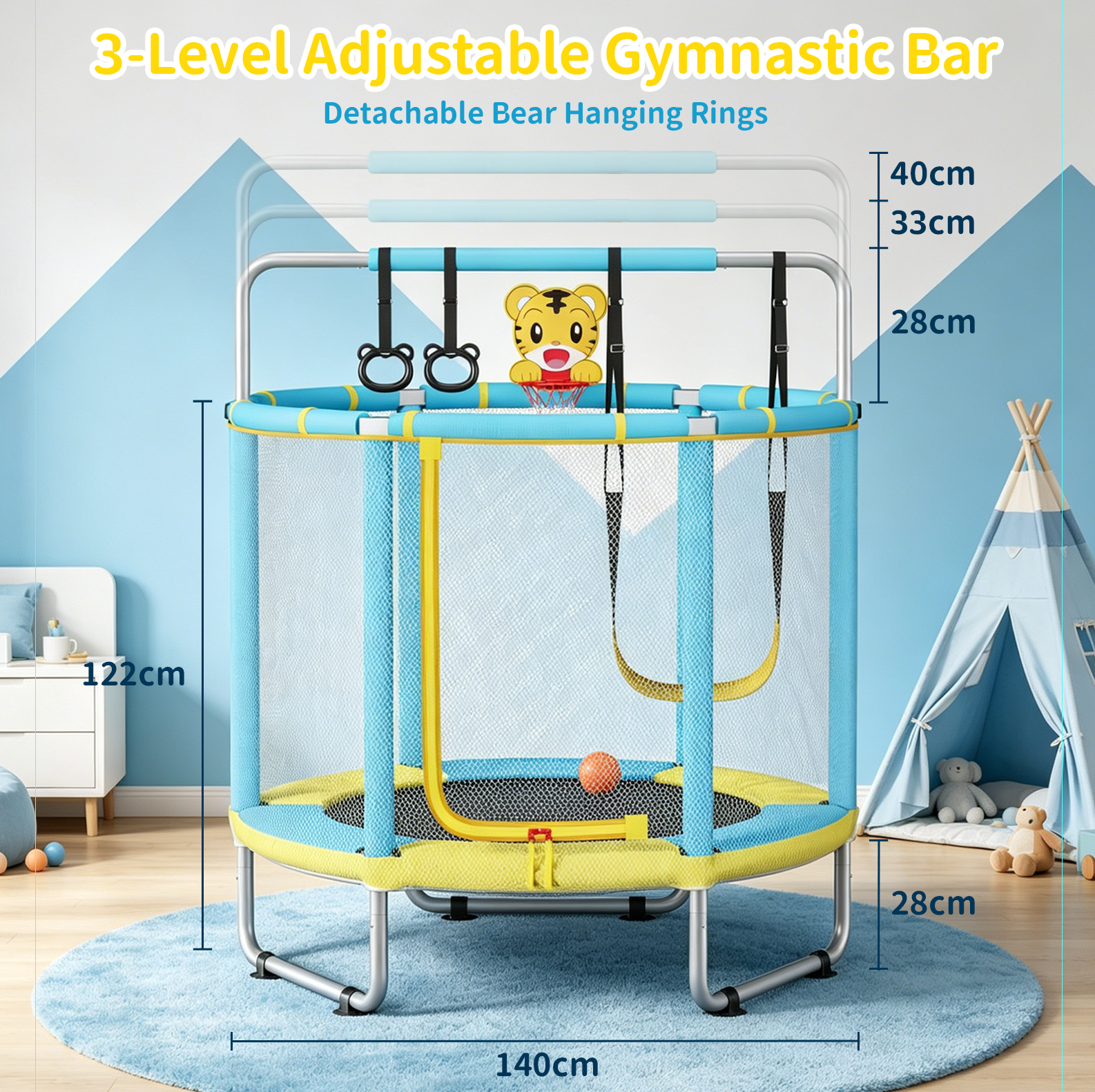 Avoltrix 55 Inch Kids Trampoline with Safety Net, Adjustable Gymnastics Horizontal Bar, 140cm Indoor Outdoor Mini Trampoline for Toddlers & Children, Max Capacity 100kg