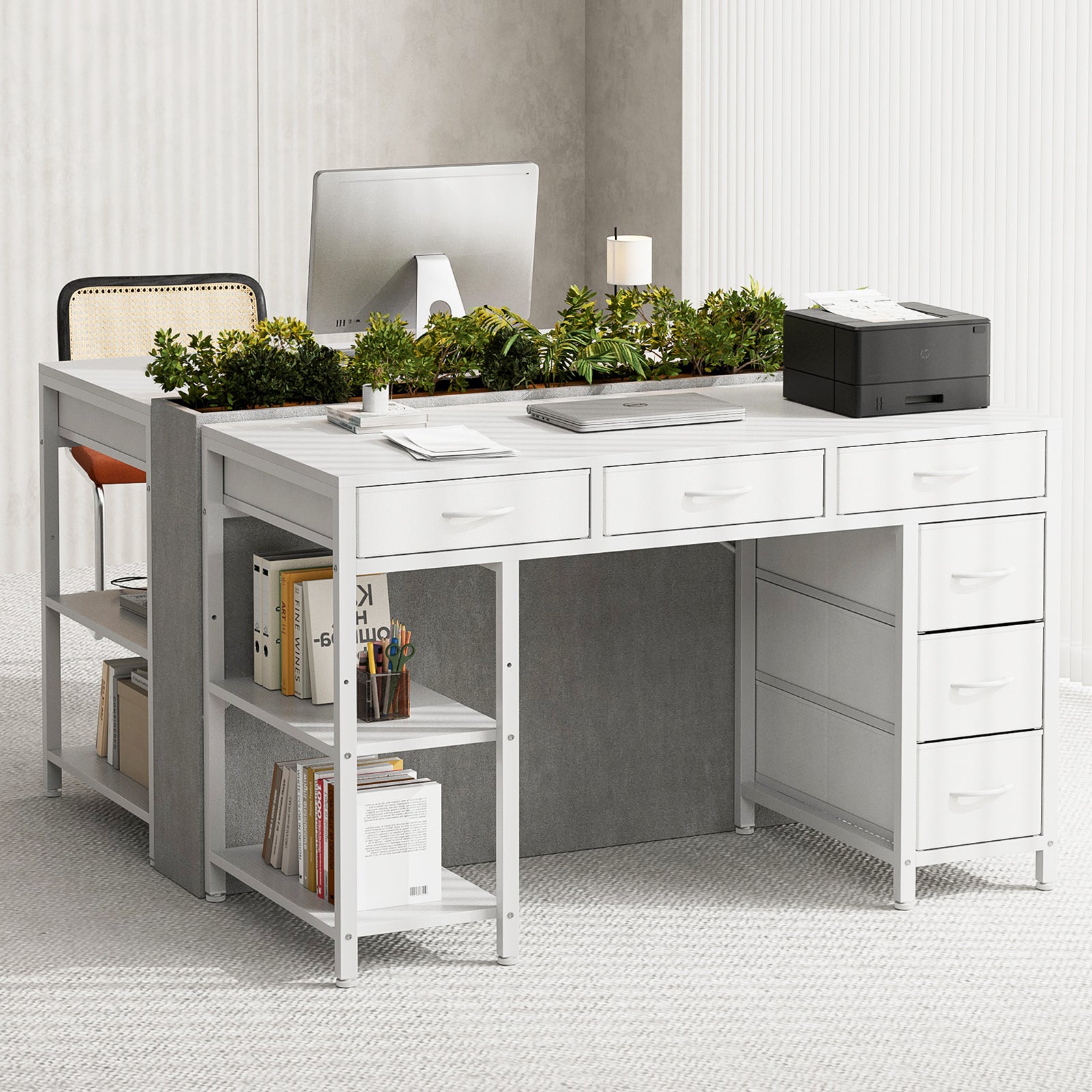 Avoltrix Computer Desk with 6 Drawers Reversible Storage 2-Tier Shelves Home Office Table Study Gaming Work 120CM White
