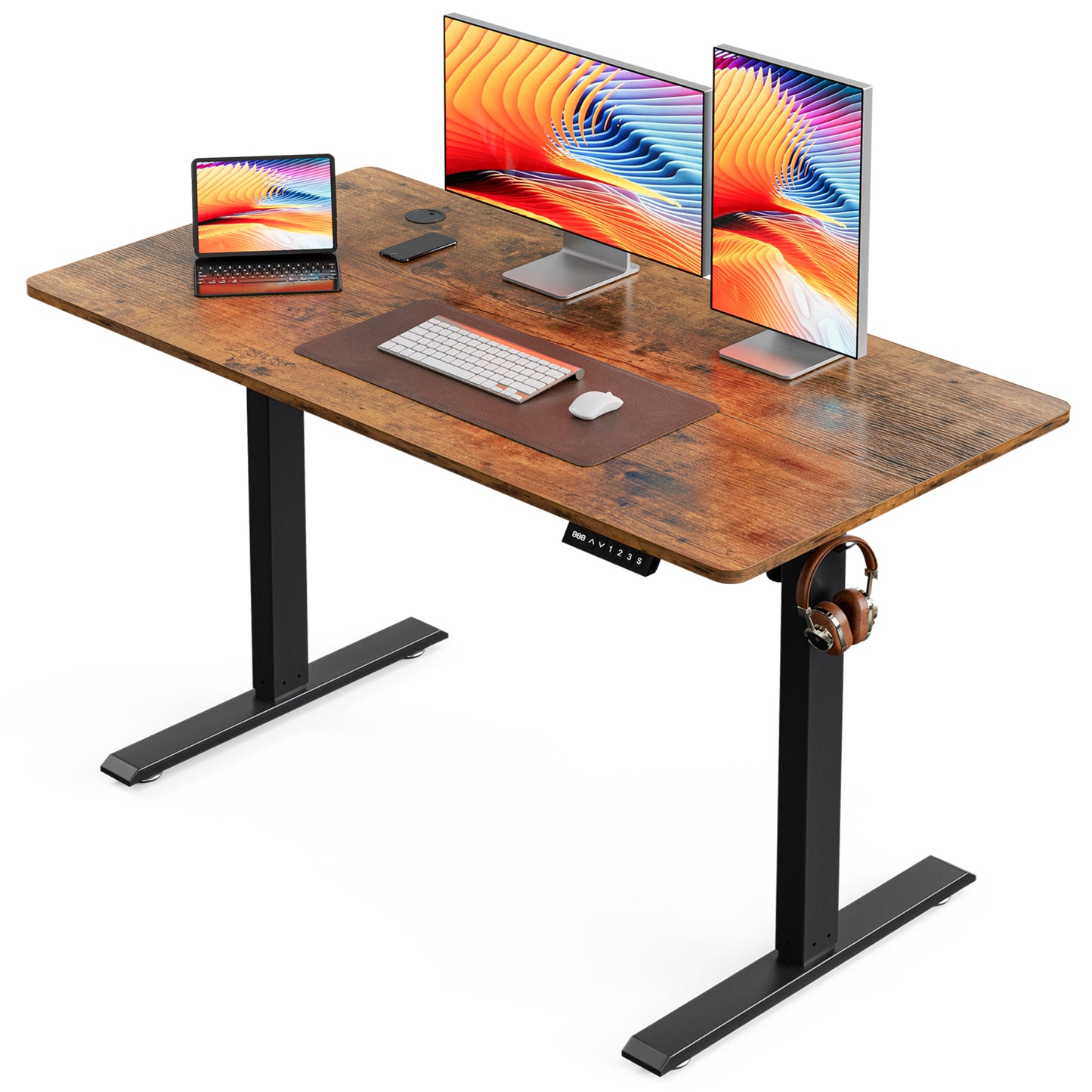ApexSpace 120x60CM Electric Standing Desk, Sit Stand Ergonomic Desk with Hooks for Home Office, Rustic Brown with Black Frame