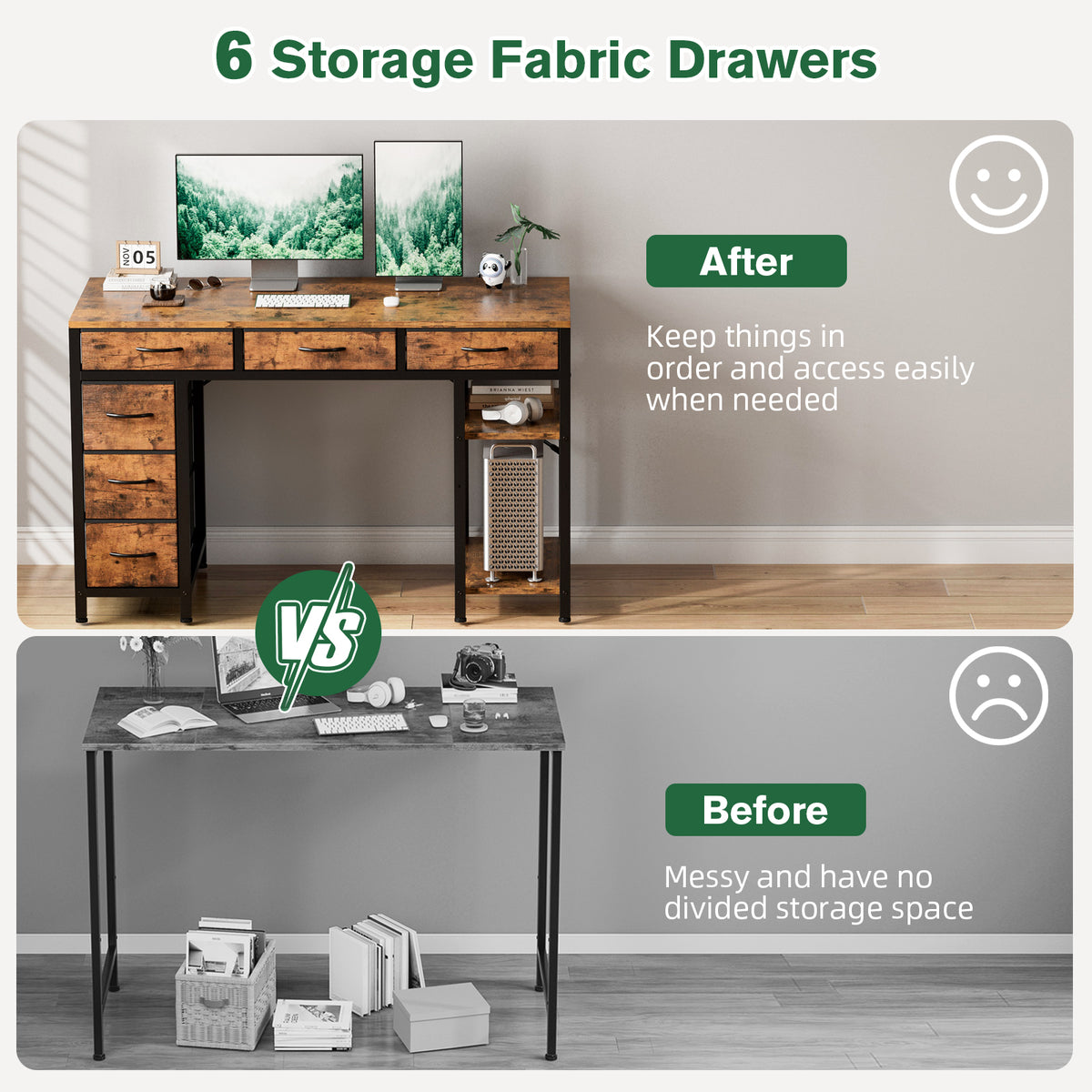 Avoltrix Computer Desk with Drawers and Shelves – Reversible Storage Table for Home Office, Study or Gaming, Rustic Brown