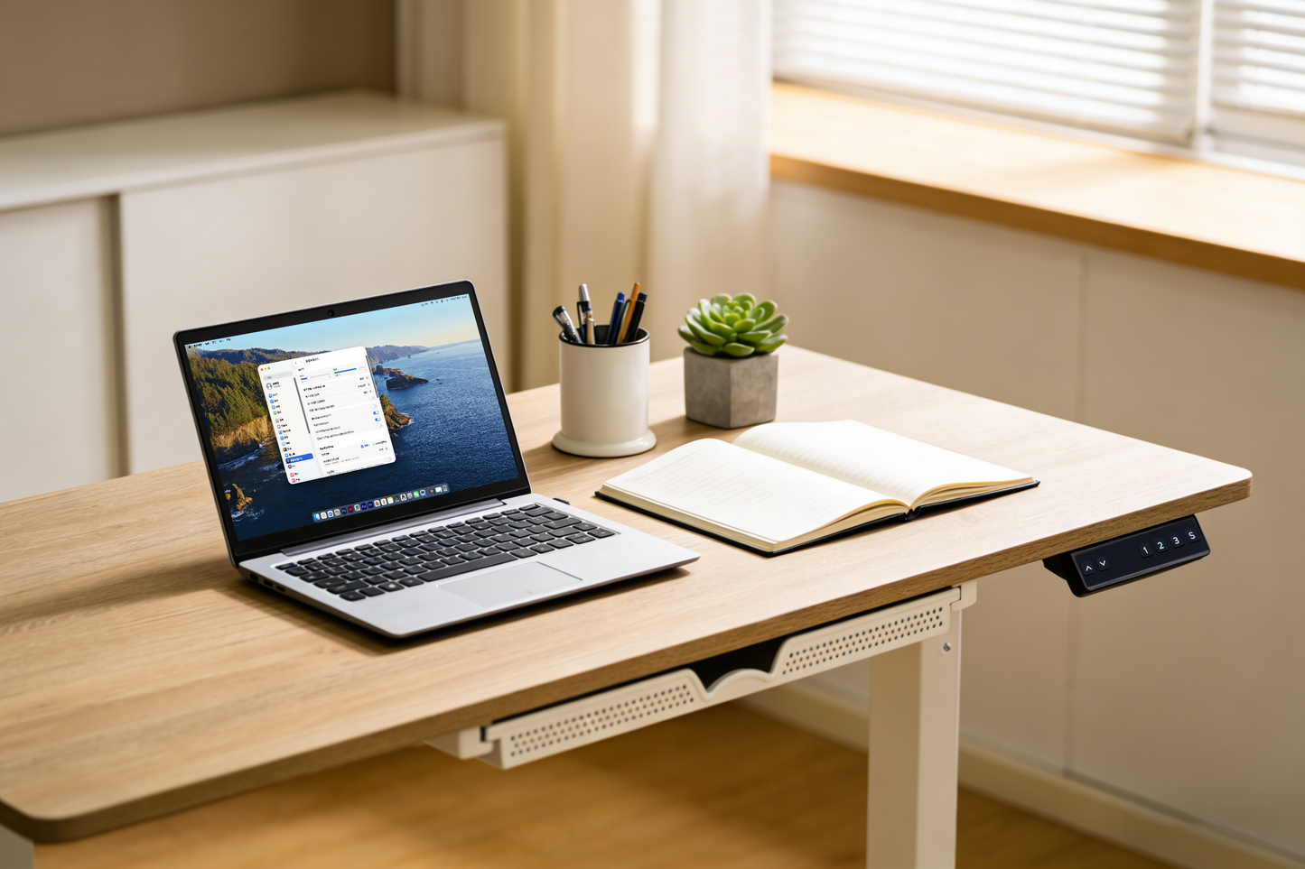 Electric Standing Desk 100x60cm with Drawer, Height Adjustable Sit Stand Desk with Memory Preset, Home Office Computer Desk, White + Maple