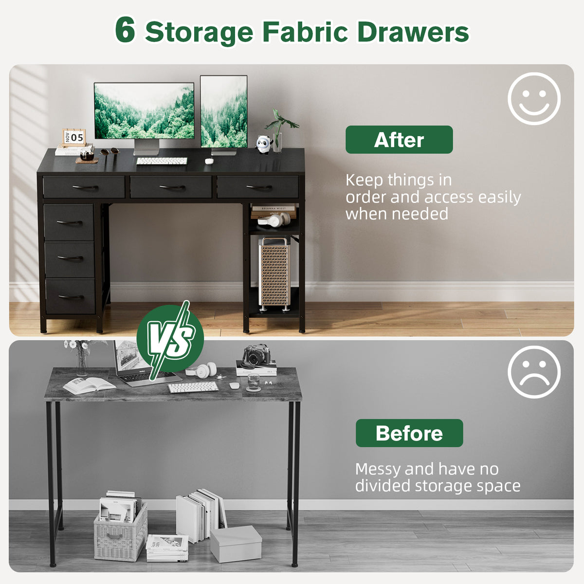 Avoltrix Computer Desk with 6 Drawers Reversible Storage 2-Tier Shelves Home Office Table Study Gaming Work 120CM Black