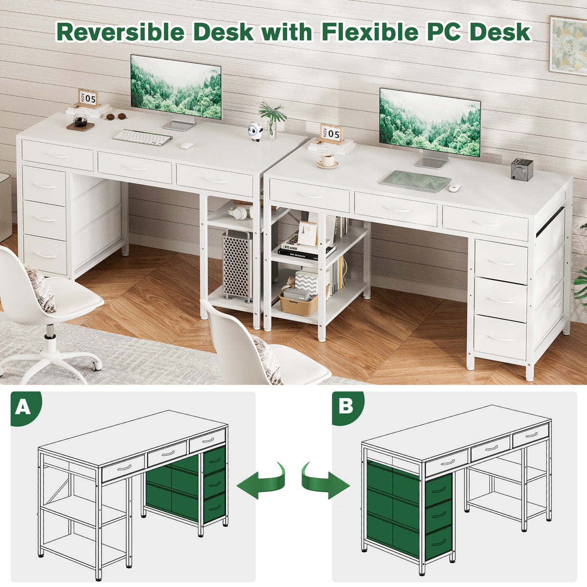 Avoltrix Computer Desk with 6 Drawers Reversible Storage 2-Tier Shelves Home Office Table Study Gaming Work 120CM White