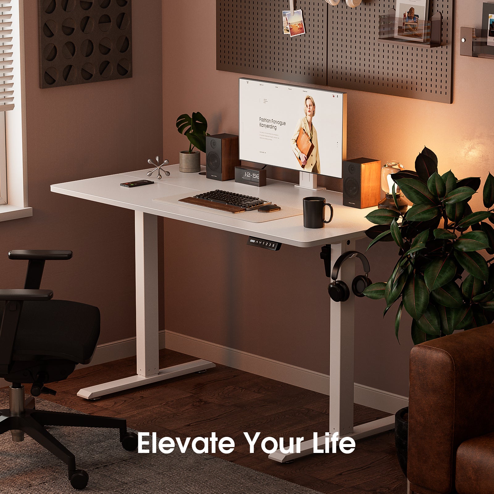 Avoltrix 120x60CM Electric Standing Desk, Height Adjustable Ergonomic Work Desk with Hooks for Home Office or Study, White
