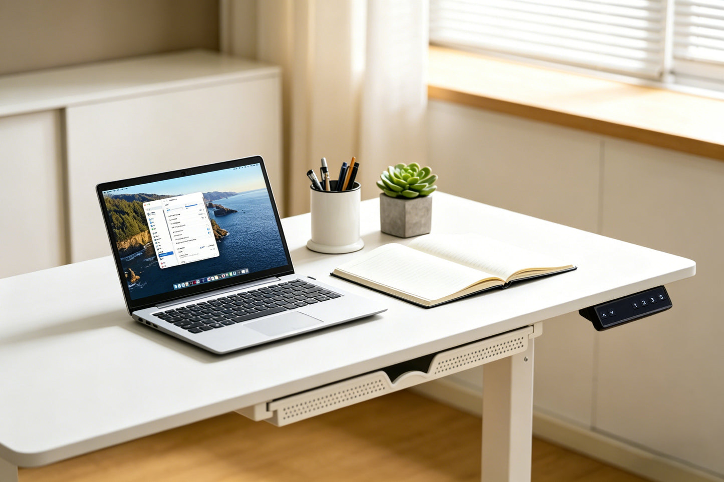 Electric Standing Desk 100x60cm with Drawer, Height Adjustable Sit Stand Desk with Memory Preset, Home Office Computer Desk, White