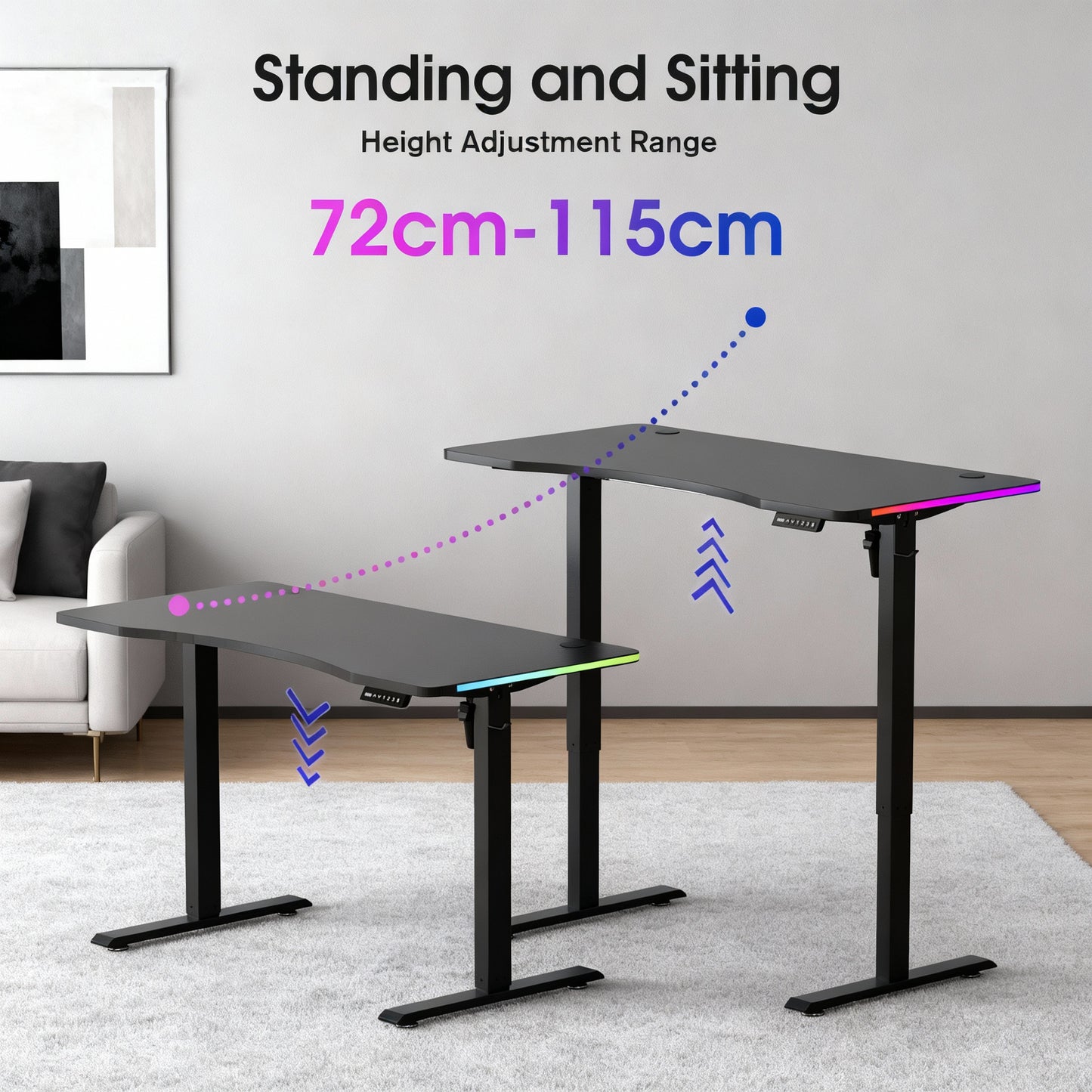 120CM Electric Standing Desk – Height Adjustable Sit Stand Desk with RGB Lights, Ergonomic Computer Table for Gaming, Home Office or Study, Black