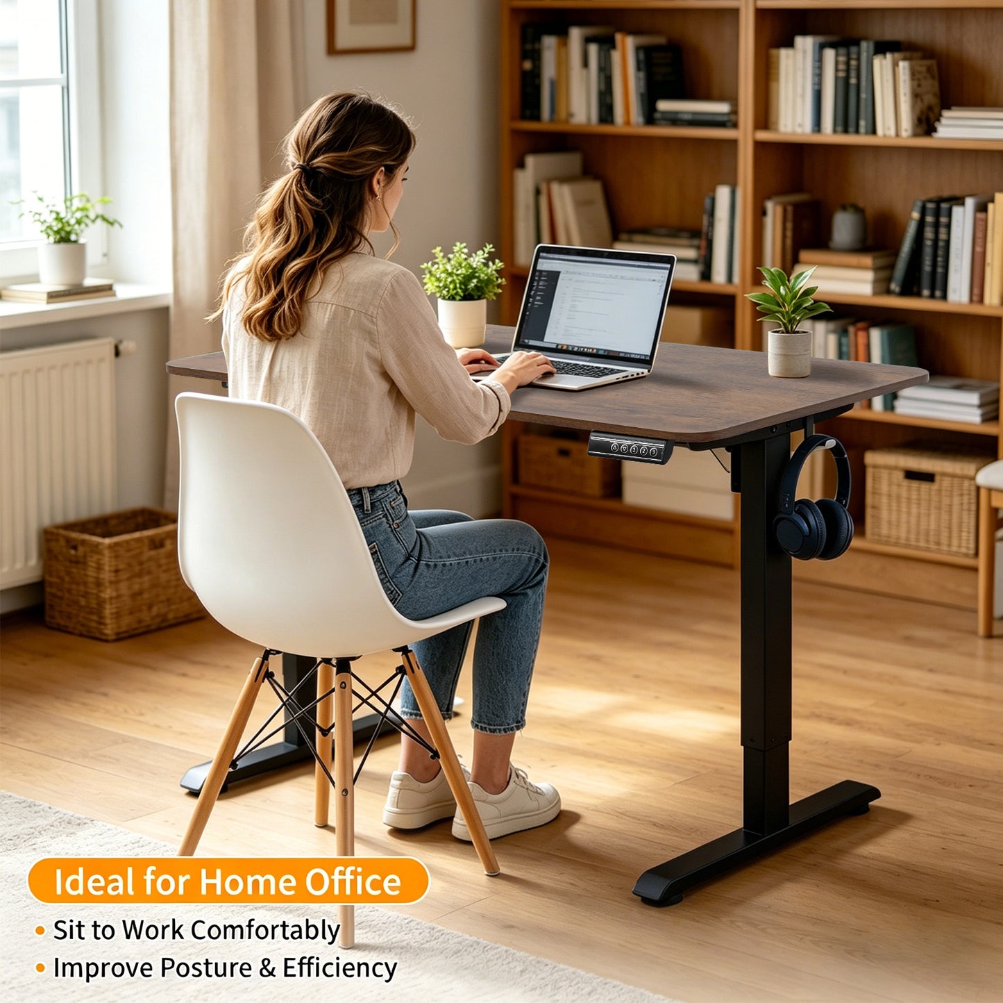 100CM Electric Standing Desk – Rustic Brown Height Adjustable Sit Stand Desk with Hooks, Digital Control Panel & Sturdy Metal Frame for Home Office or Study