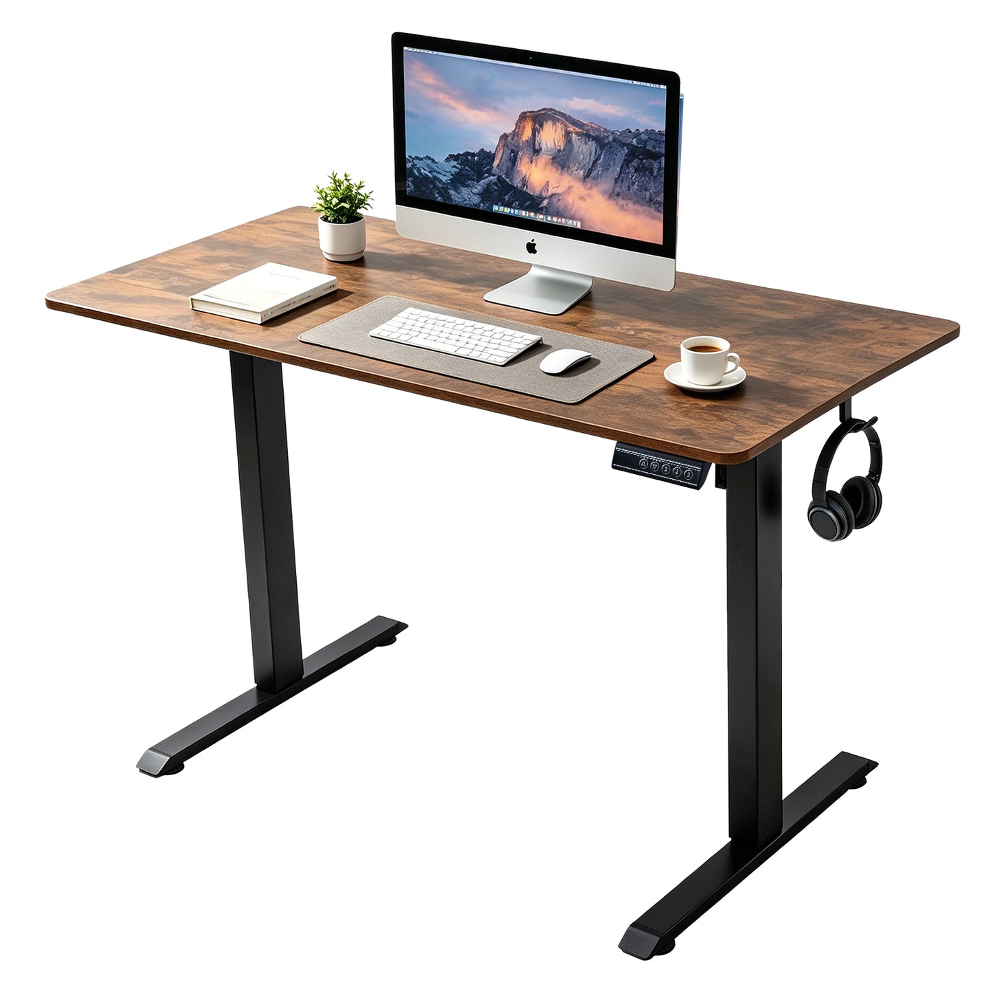 120 × 60 cm Electric Height Adjustable Standing Desk – Sit Stand Computer Table with Digital Control, Hooks & Large Worktop for Home Office, Antique Brown