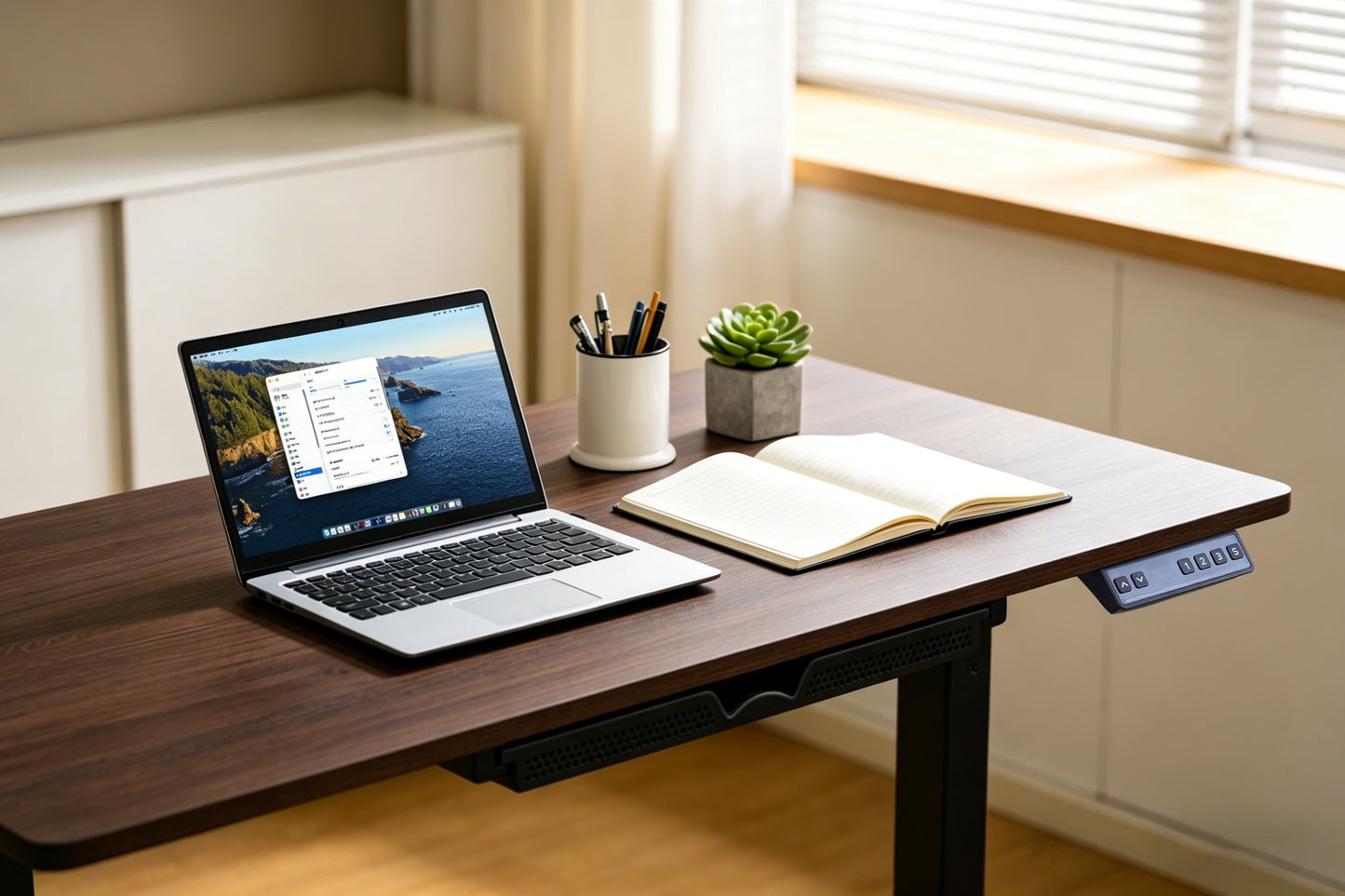 Electric Standing Desk 100x60cm with Drawer, Height Adjustable Sit Stand Desk with Memory Preset, Home Office Computer Desk, Black + Walnut