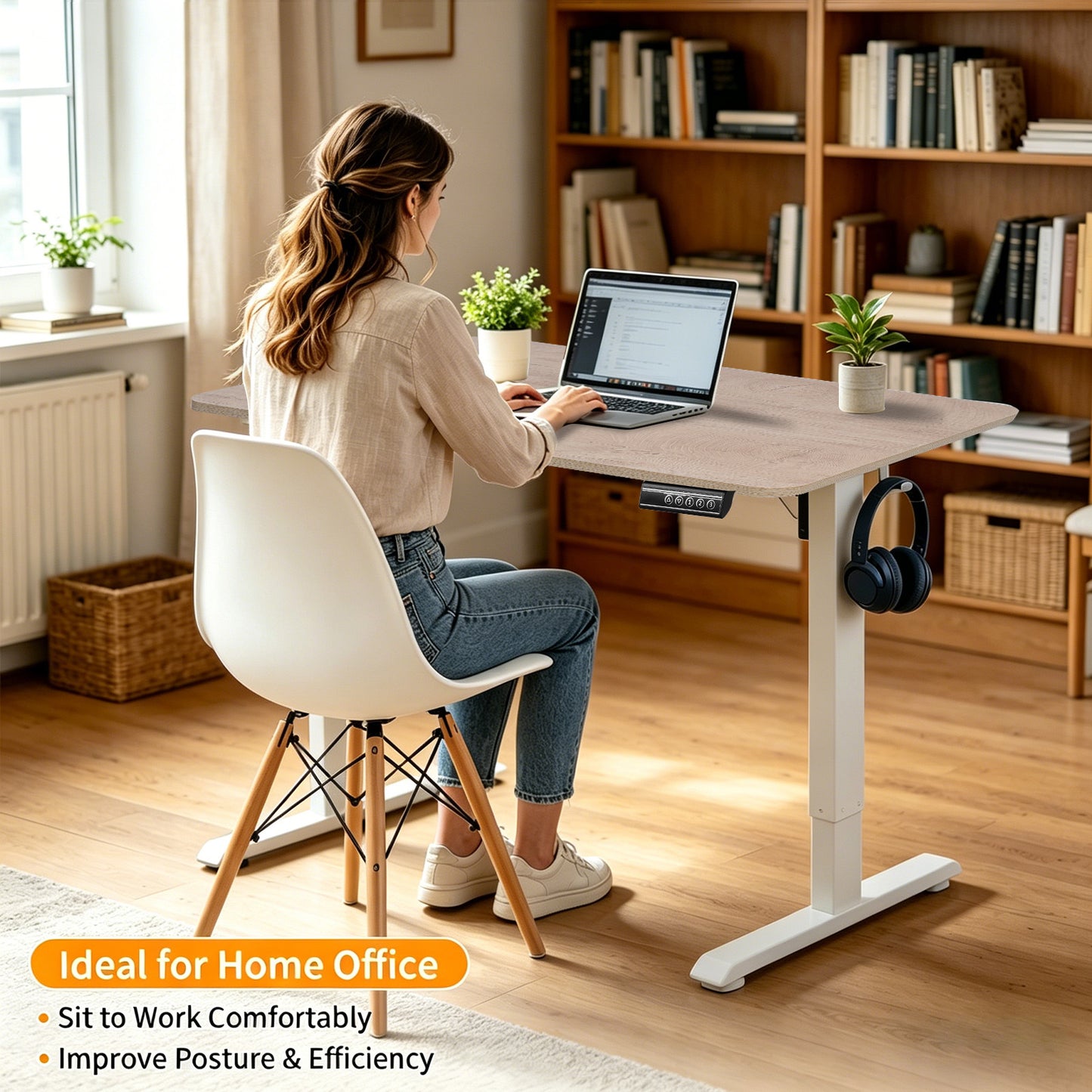100CM Electric Standing Desk – Basswood Oak Grain Height Adjustable Sit Stand Desk with Hooks, Digital Control Panel & Sturdy Metal Frame for Home Office or Study