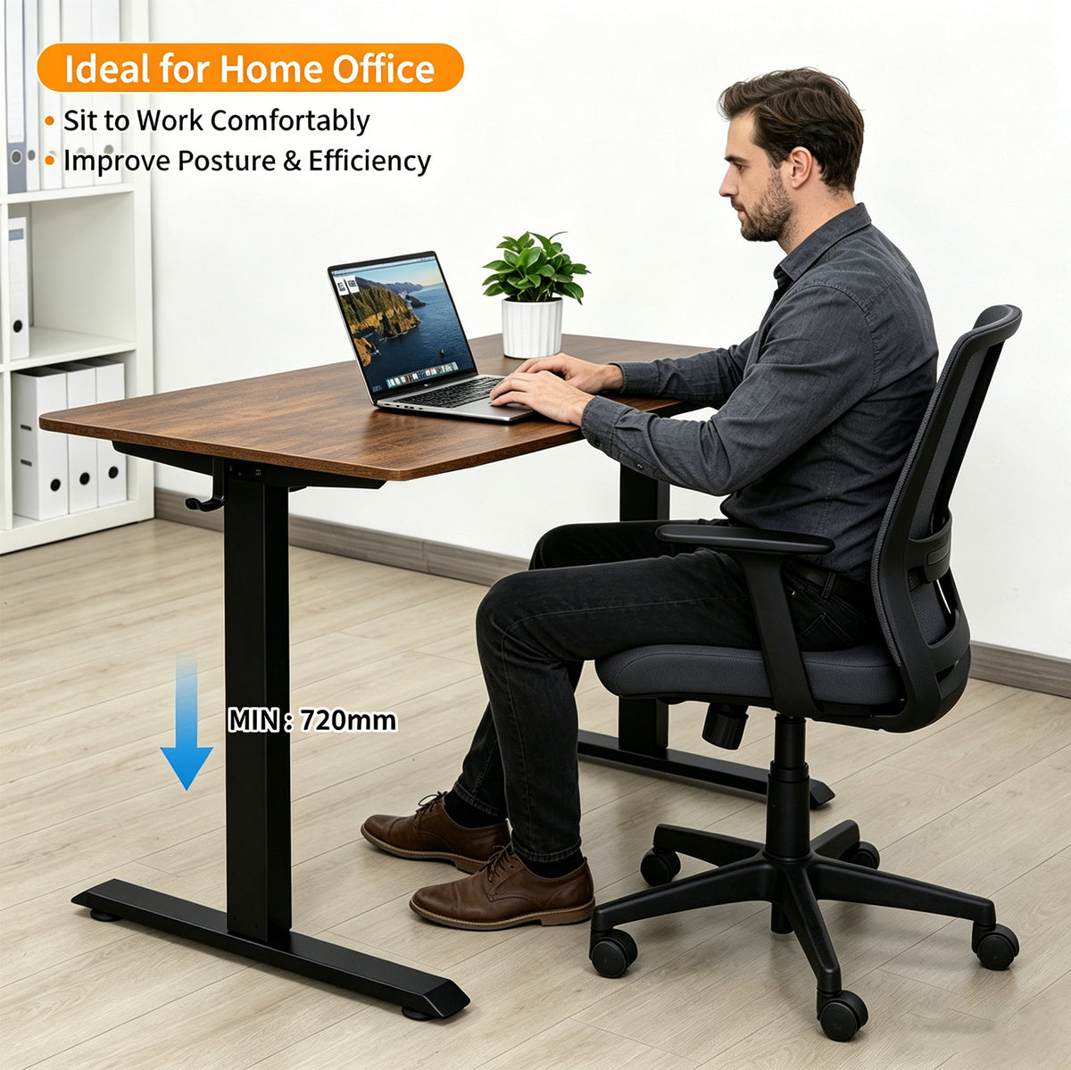 140 × 60 cm Electric Height Adjustable Standing Desk – Sit Stand Computer Table with Digital Control, Hooks & Large Worktop for Home Office, Walnut