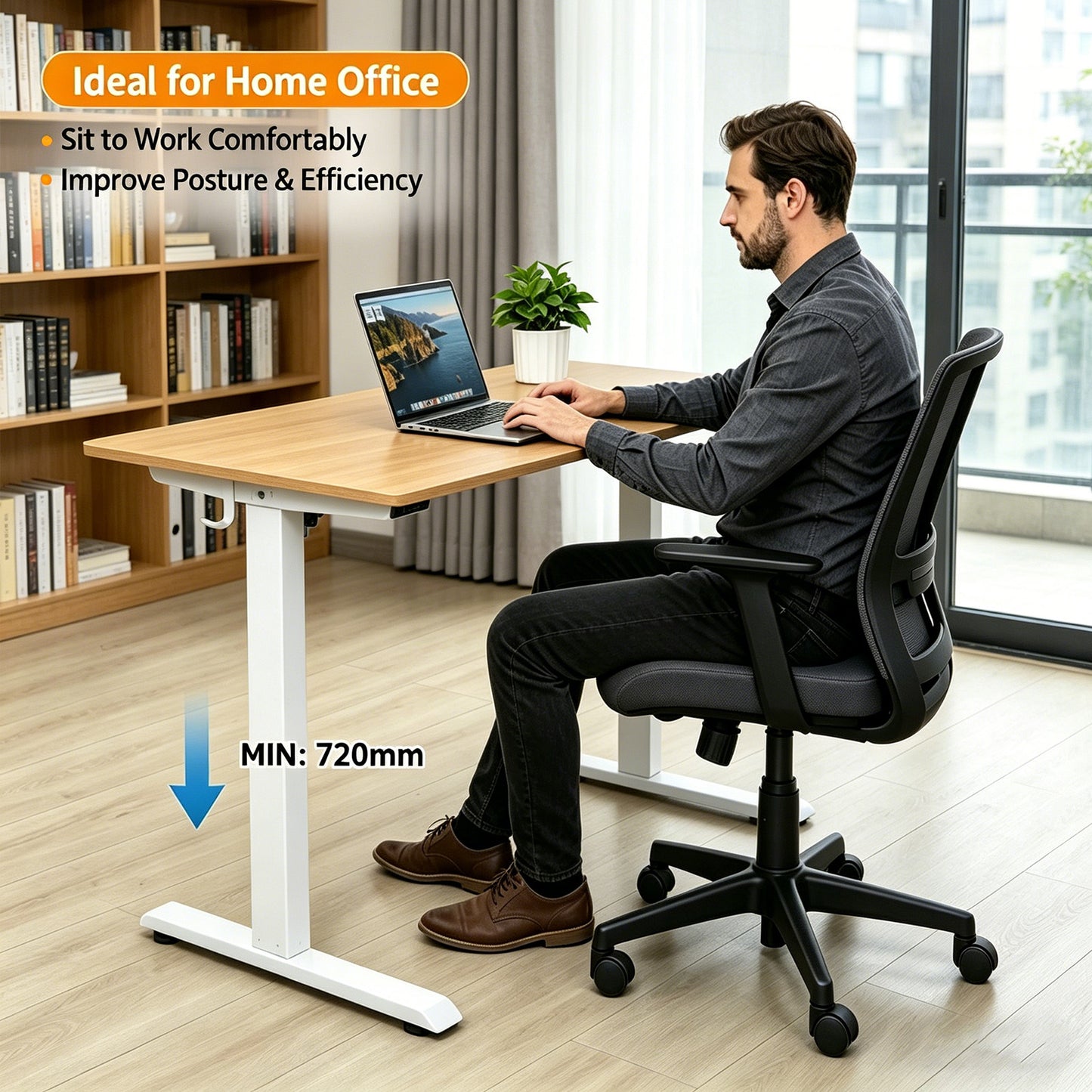 140 × 60 cm Electric Height Adjustable Standing Desk – Sit Stand Computer Table with Digital Control, Hooks & Large Worktop for Home Office, Light Wood