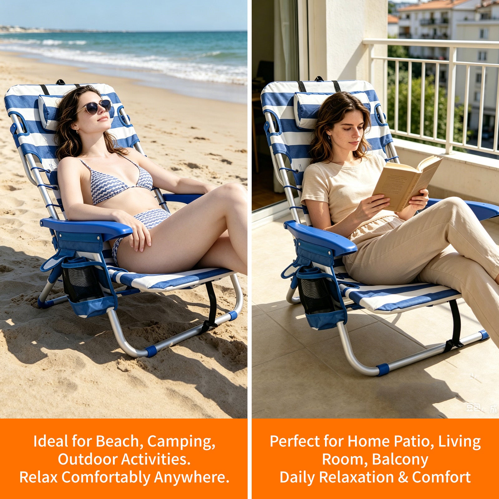 Avoltrix 4-Position Adjustable Folding Beach Chair with Cooler Bag & Shoulder Straps – Lightweight Portable Outdoor Recliner