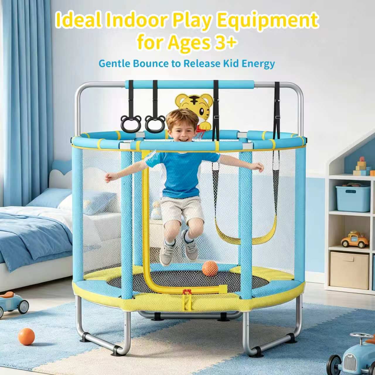 Avoltrix 55 Inch Kids Trampoline with Safety Net, Adjustable Gymnastics Horizontal Bar, 140cm Indoor Outdoor Mini Trampoline for Toddlers & Children, Max Capacity 100kg