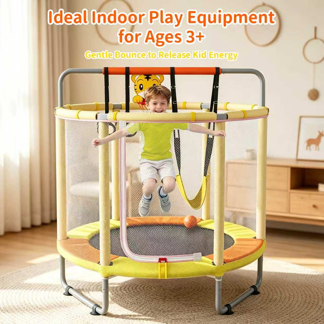 Avoltrix 55 Inch Kids Trampoline with Safety Net, Adjustable Gymnastics Horizontal Bar, 140cm Indoor Outdoor Mini Trampoline for Toddlers & Children, Max Capacity 100kg