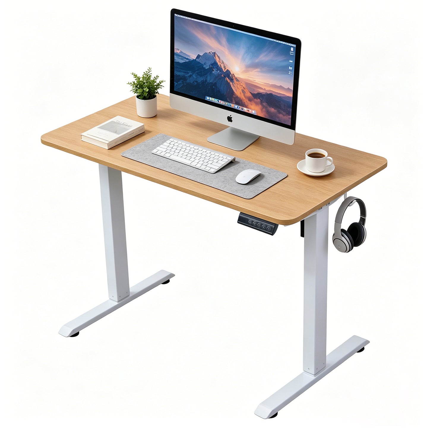 120 × 60 cm Electric Height Adjustable Standing Desk – Sit Stand Computer Table with Digital Control, Hooks & Large Worktop for Home Office, Natural Oak