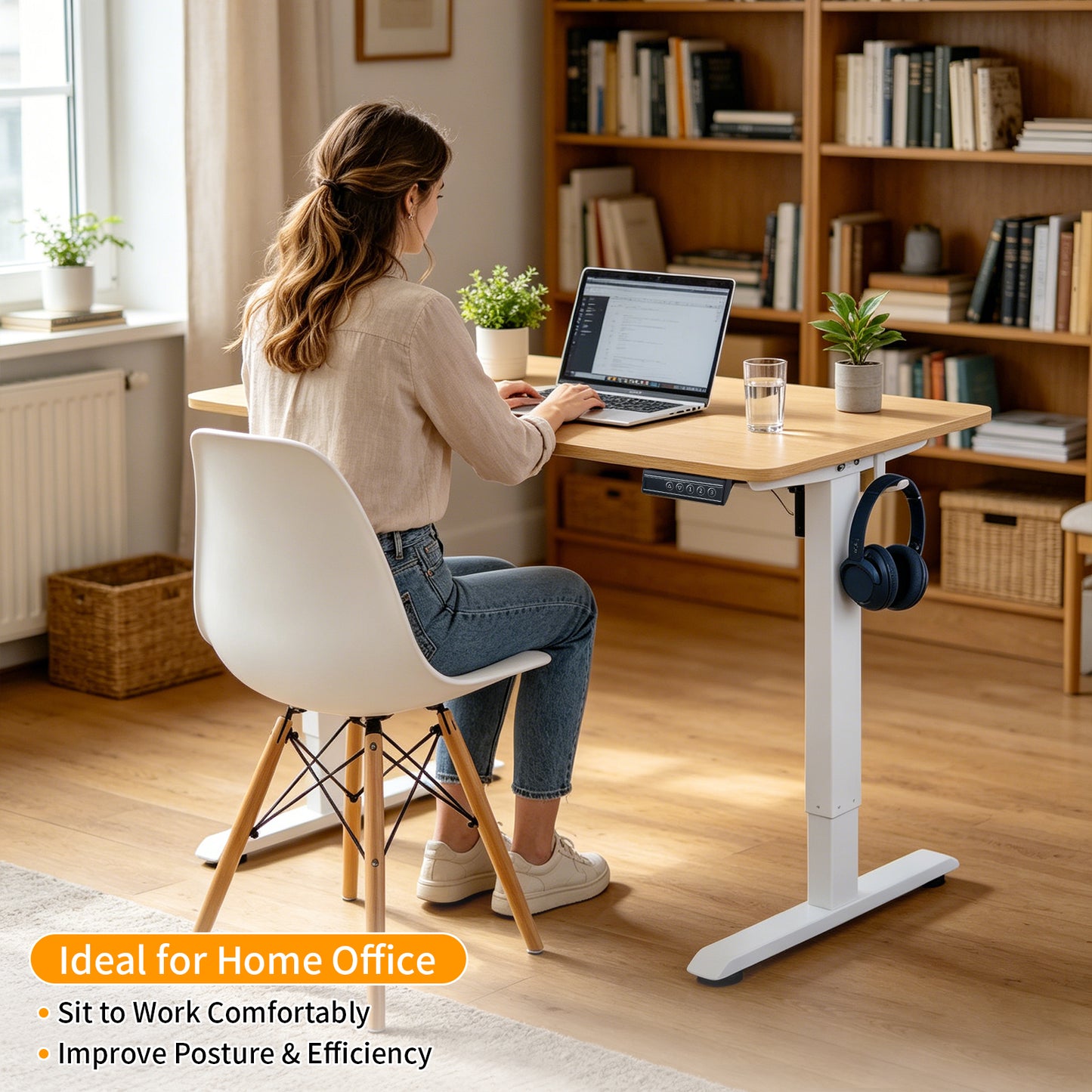 Avoltrix 100CM Electric Standing Desk – One-Piece Oak Desktop Height Adjustable Sit Stand Desk with Hooks, Digital Control Panel & Sturdy Metal Frame for Home Office or Study