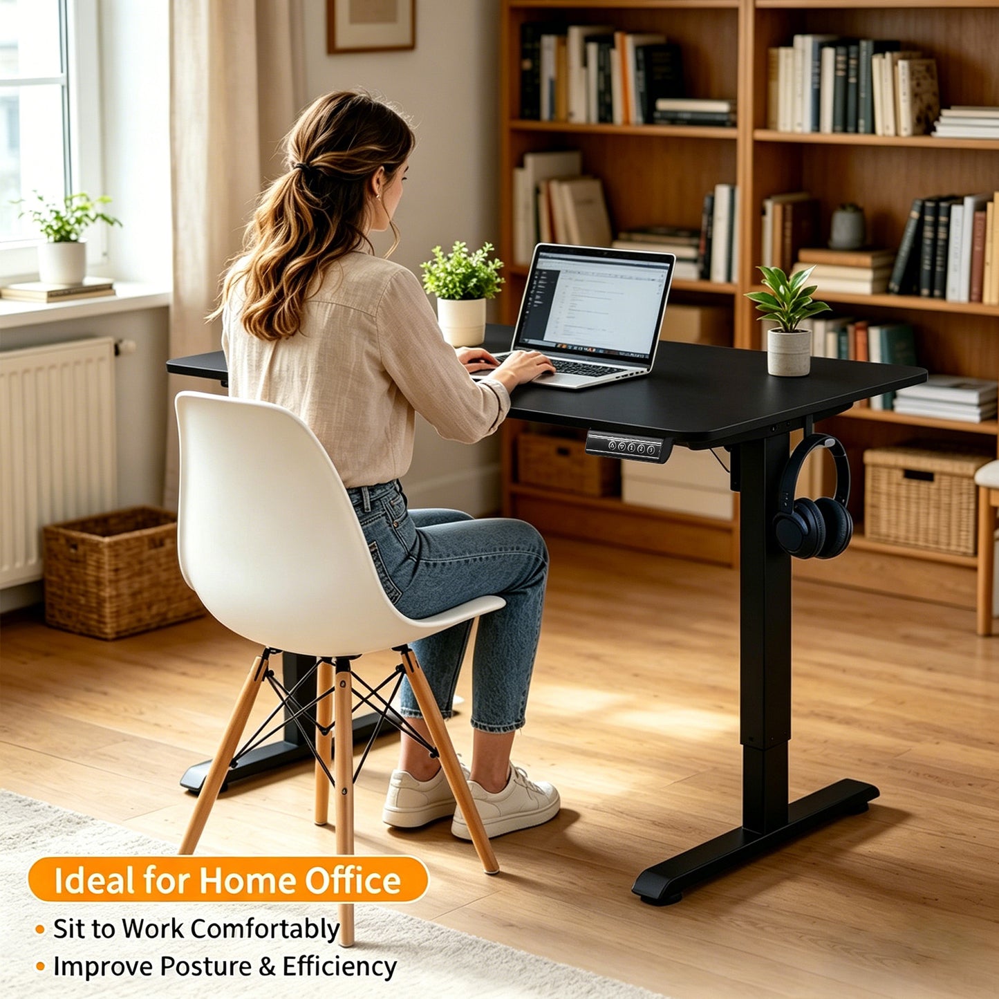 100CM Electric Standing Desk – Black  Height Adjustable Sit Stand Desk with Hooks, Digital Control Panel & Sturdy Metal Frame for Home Office or Study
