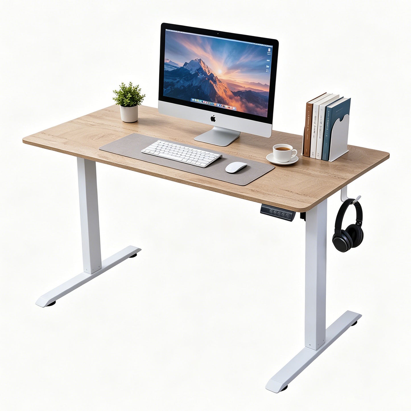 120 × 60 cm Electric Height Adjustable Standing Desk – Sit Stand Computer Table with Digital Control, Hooks & Large Worktop for Home Office, Basswood Oak Grain