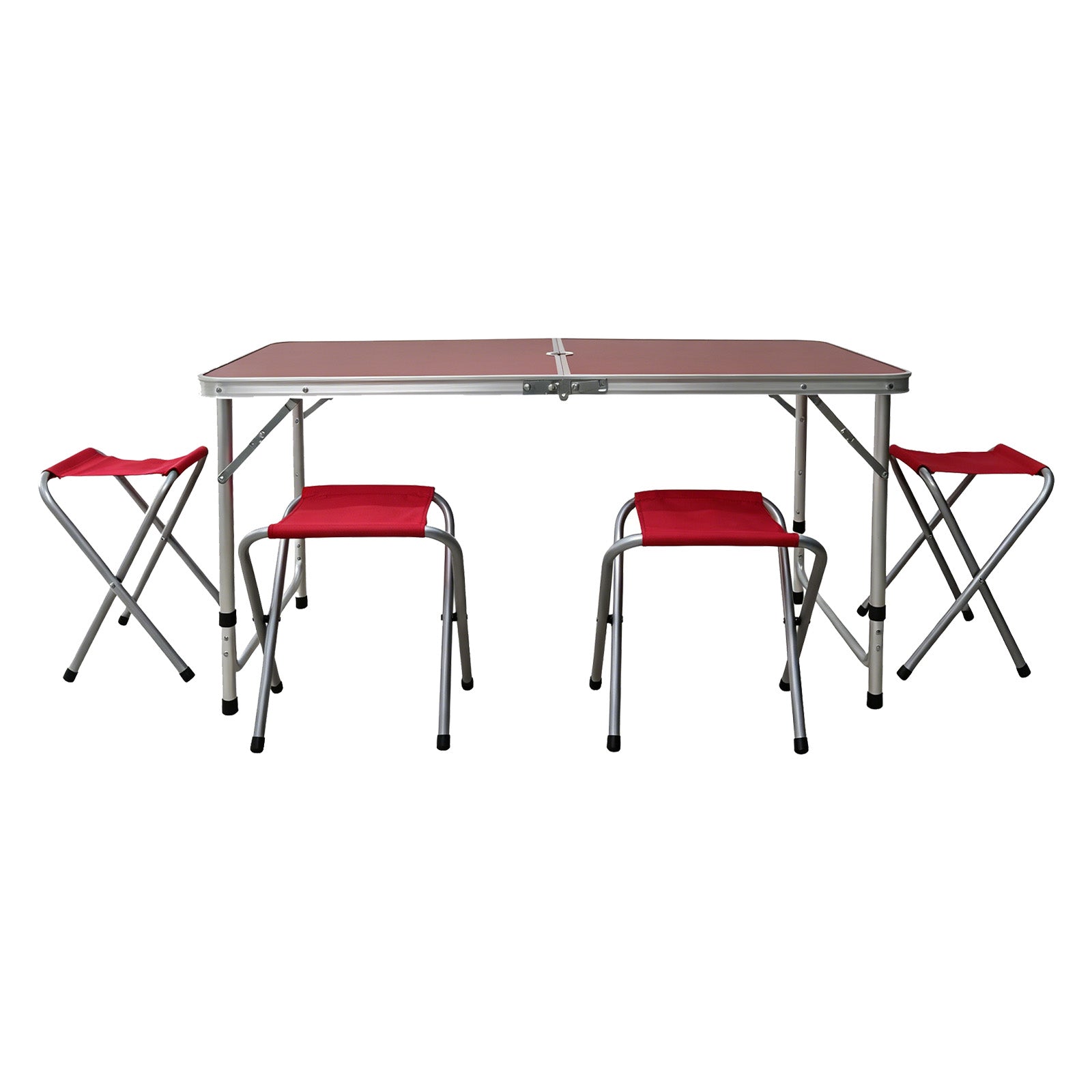 Avoltrix 1.2M Folding Camping Table Set with 4 Stools Portable Aluminium Picnic BBQ Table Height Adjustable Red
