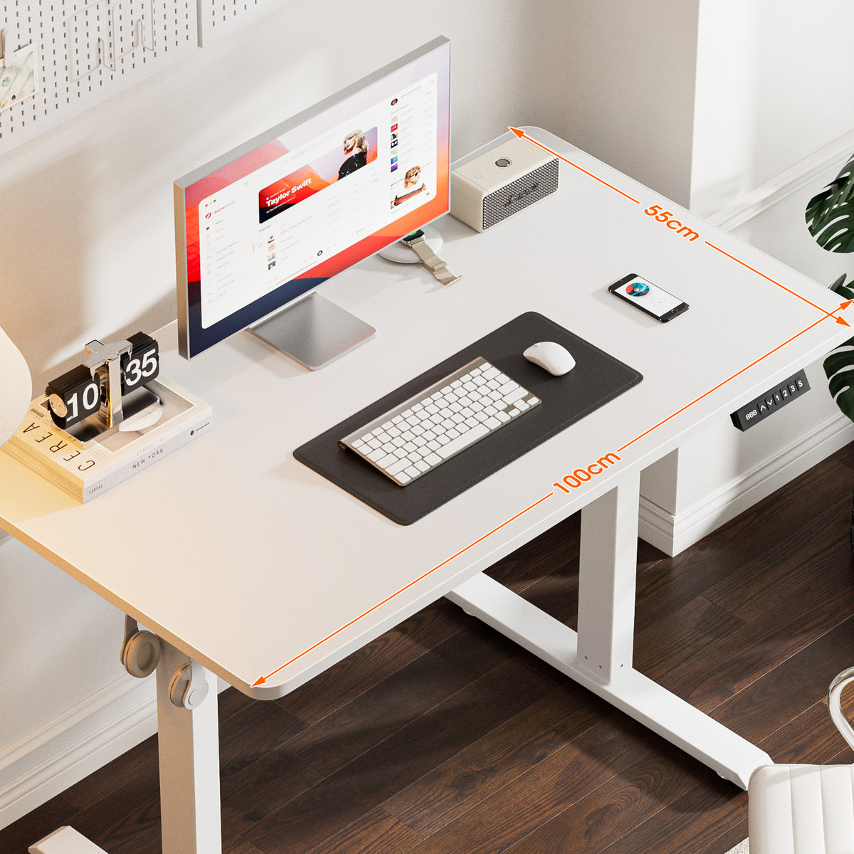 Avoltrix 100x55cm White Electric Height Adjustable Standing Desk Lifting Table with Hooks for Home Office Study and Work