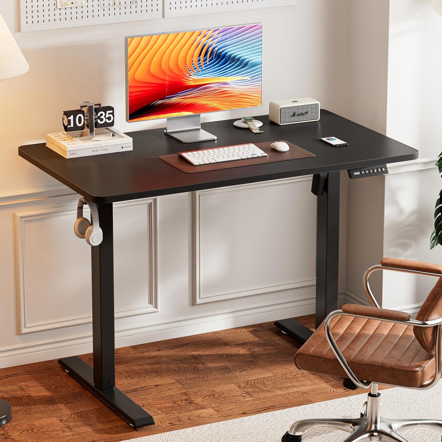 Avoltrix 100x55CM Electric Standing Desk, Height Adjustable Sit Stand Computer Desk with Hooks for Home Office or Study, Black