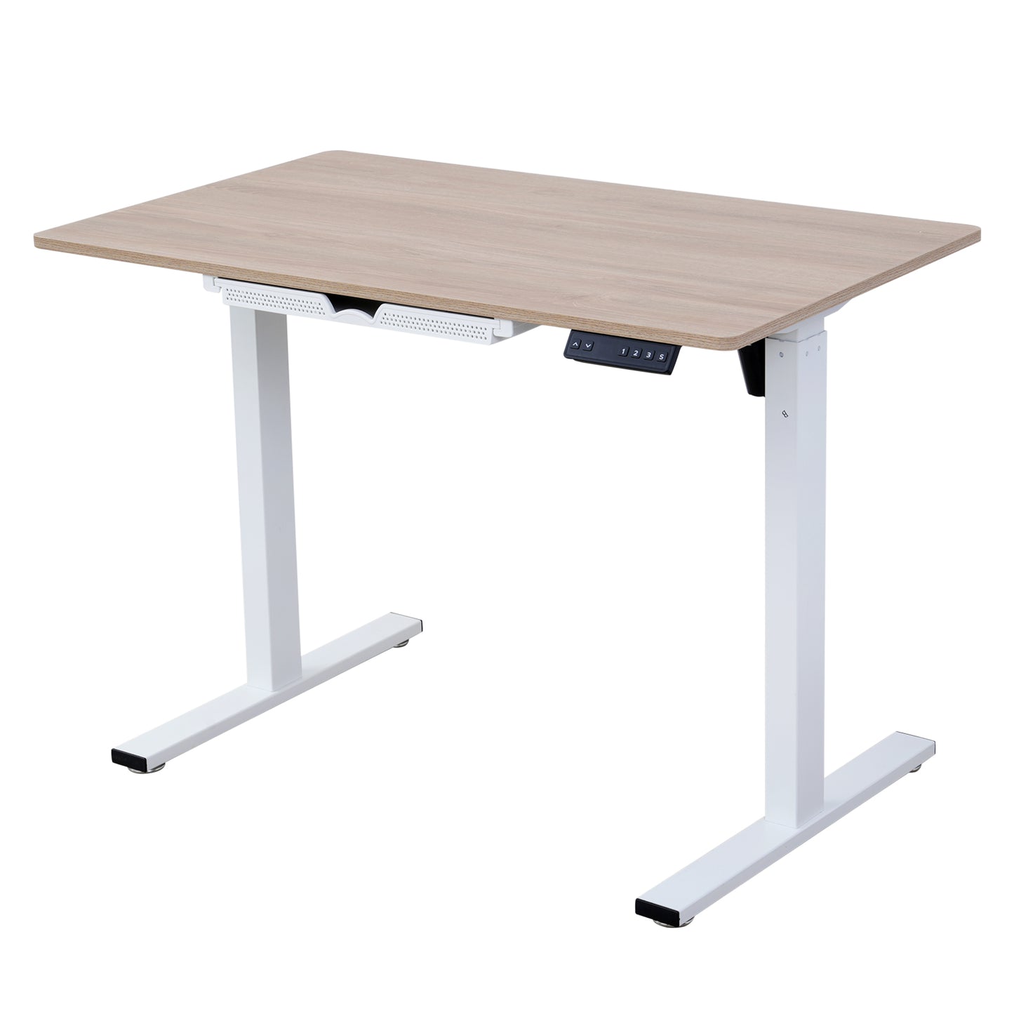 Electric Standing Desk 100x60cm with Drawer, Height Adjustable Sit Stand Desk with Memory Preset, Home Office Computer Desk, White + Maple