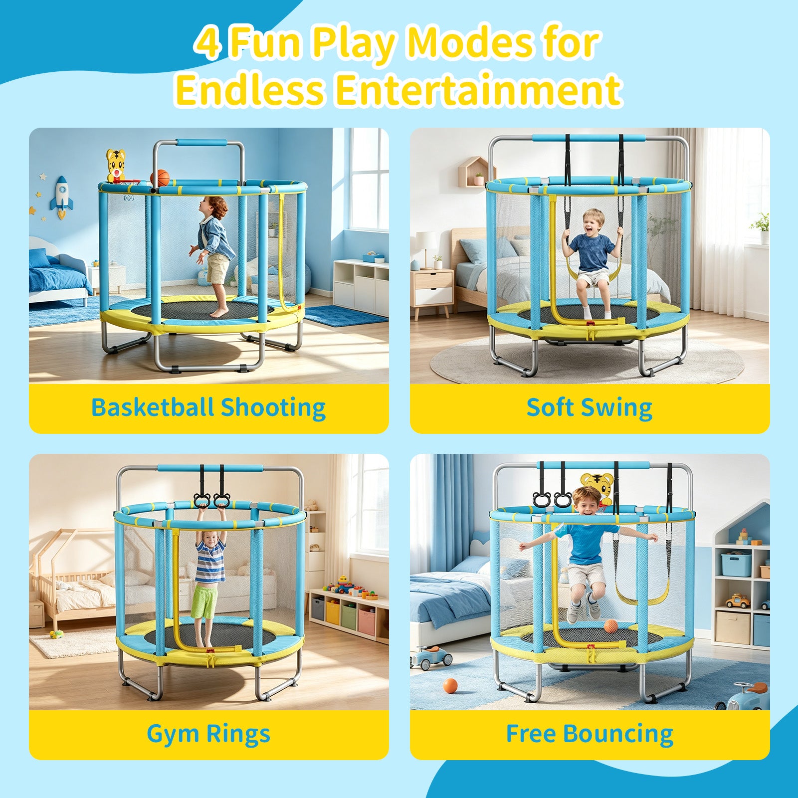 Avoltrix 55 Inch Kids Trampoline with Safety Net, Adjustable Gymnastics Horizontal Bar, 140cm Indoor Outdoor Mini Trampoline for Toddlers & Children, Max Capacity 100kg
