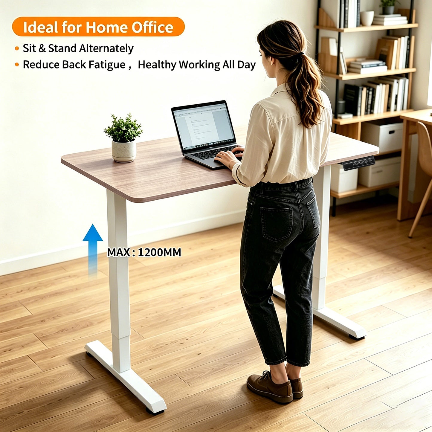 140 × 60 cm Electric Height Adjustable Standing Desk – Sit Stand Computer Table with Digital Control, Hooks & Large Worktop for Home Office, Basswood Oak Grain