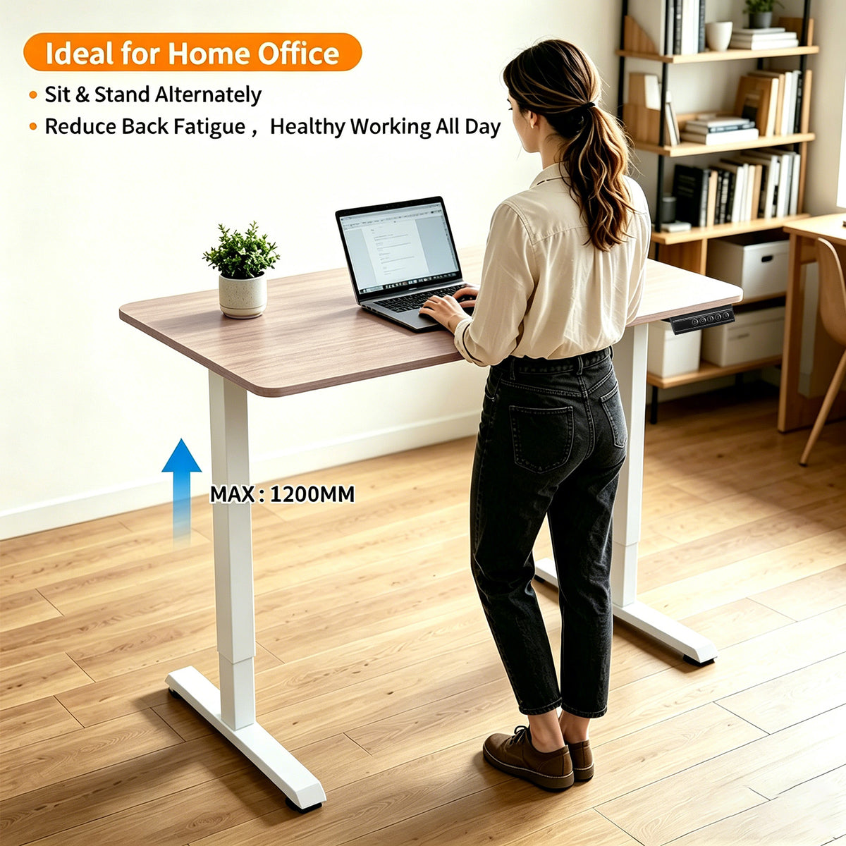 140 × 60 cm Electric Height Adjustable Standing Desk – Sit Stand Computer Table with Digital Control, Hooks & Large Worktop for Home Office, Basswood Oak Grain