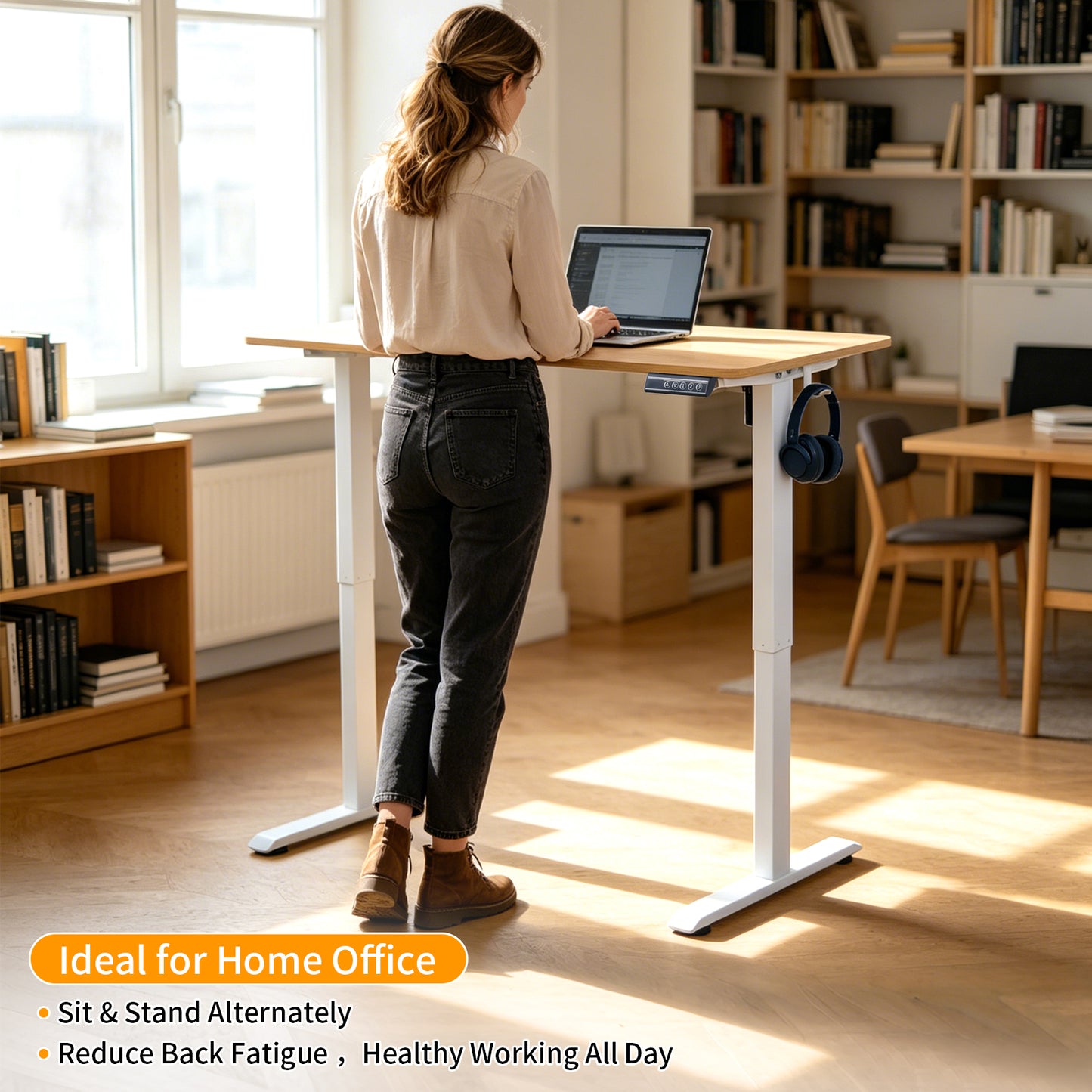 Avoltrix 100CM Electric Standing Desk – One-Piece Oak Desktop Height Adjustable Sit Stand Desk with Hooks, Digital Control Panel & Sturdy Metal Frame for Home Office or Study