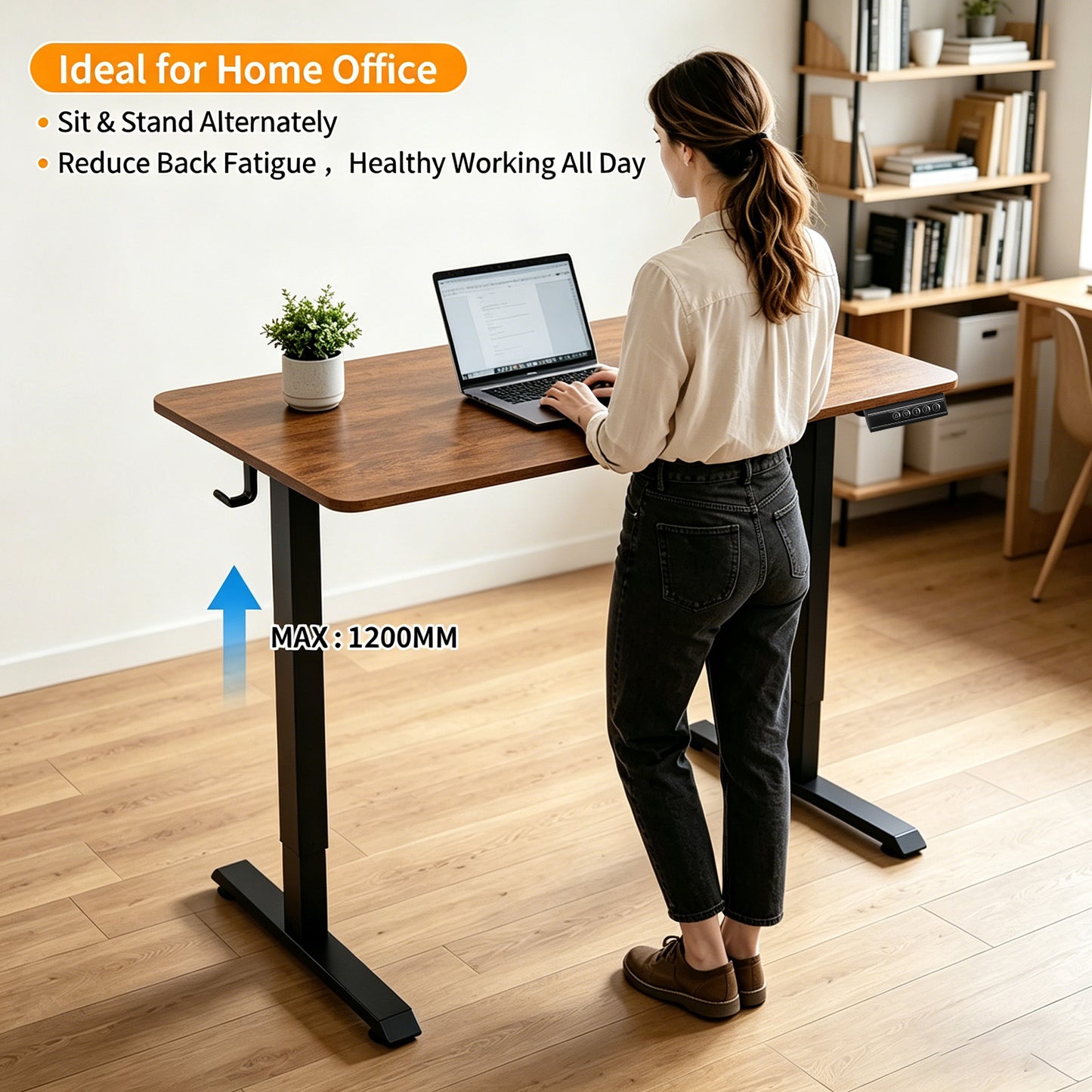 140 × 60 cm Electric Height Adjustable Standing Desk – Sit Stand Computer Table with Digital Control, Hooks & Large Worktop for Home Office, Walnut